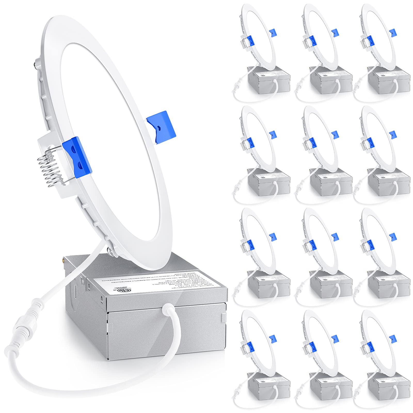 Ensenior 12 Pack 6 Inch Led Recessed Light, Dimmable, 5000K Daylight, 1050Lm High Brightness, 12W 120V, Damp Rated, Ultra-Thin Canless Wafer Ceiling Light - Etl & Fcc & Ic