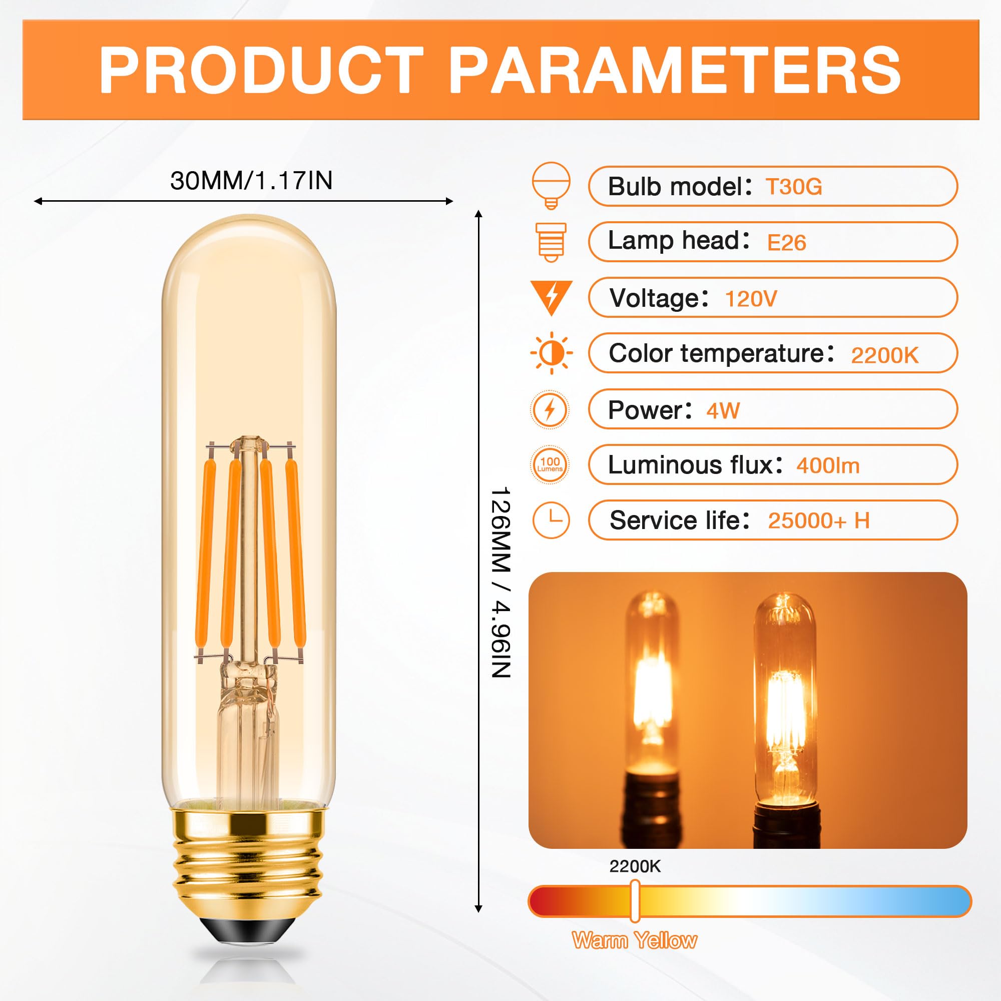 Tobegreat T30 Light Bulbs 4 Watt Equivalent 40W Bulb E26 Tubular Bulbs T10 Amber Led Bulb Warm White 2200K,Desk Lamp,Bedbroom Ba