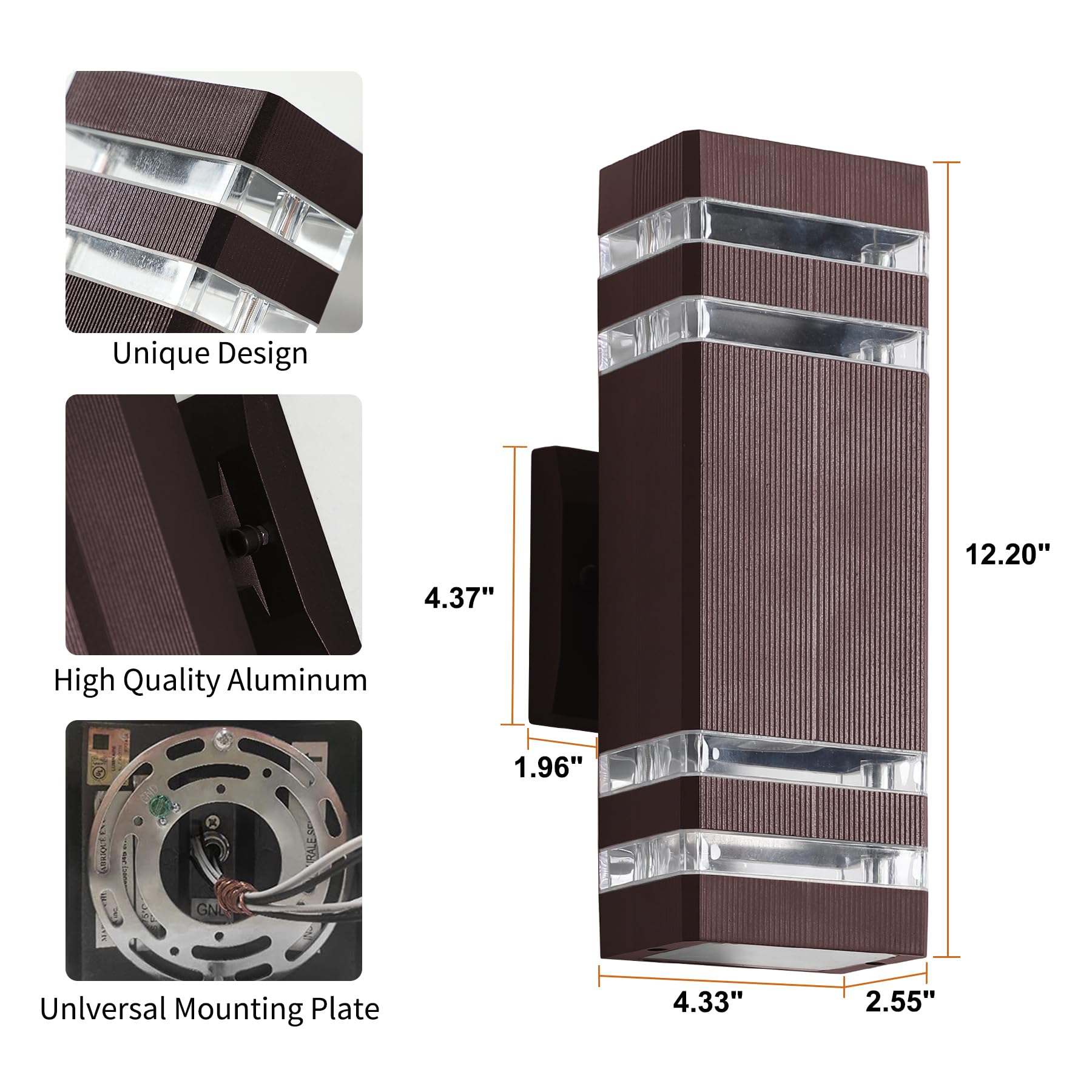 Tewei Modern Brown Outdoor Wall Lights, Waterproof Aluminum Up/Down Fixture, 2 Pack