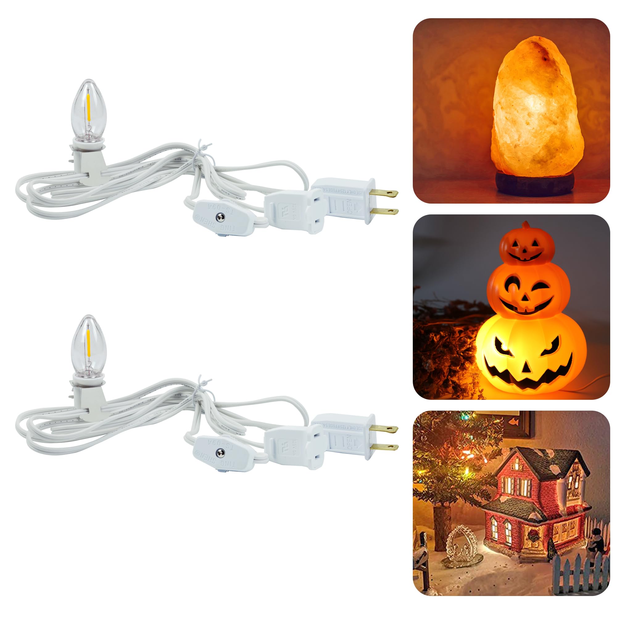 Myemitting 2-Pack Accessory Cord With 2 C7 Led Night Light Bulb, Candelabra-Base E12 Socket White Cord With On/Off Switch Plugs,