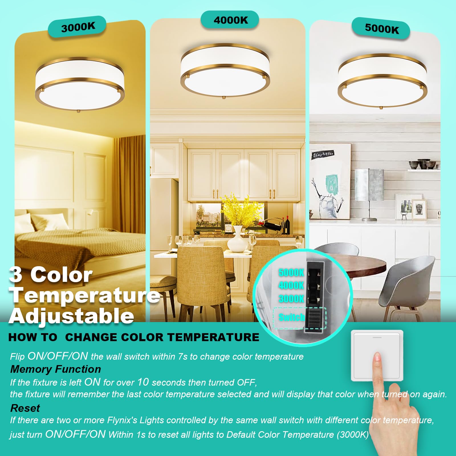 Edwarmlux 12.5 Inch Led Flush Mount Ceiling Light Fixture, 26W, Modern Ceiling Light, 3 Color Adjustable 3000K/4000K/5000K, Dimm