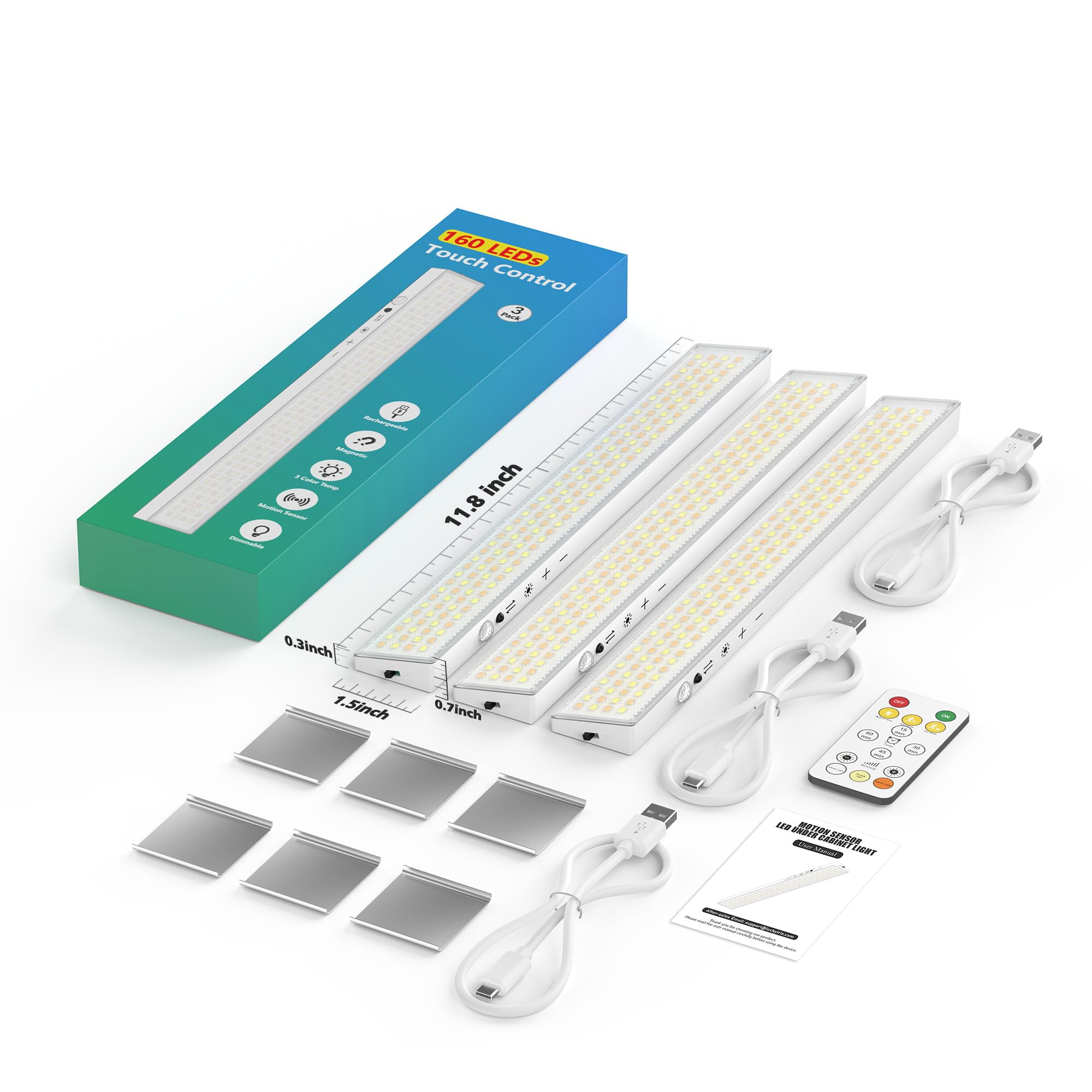 160Leds Touch-Control Under Cabinet Lighting W/4000Mah Battery  Cordless Motion Sensor Under Counter Lights For Kitchen  Magnetic Rechargeable Closet Lights - 3Pack/White  2025 Fall