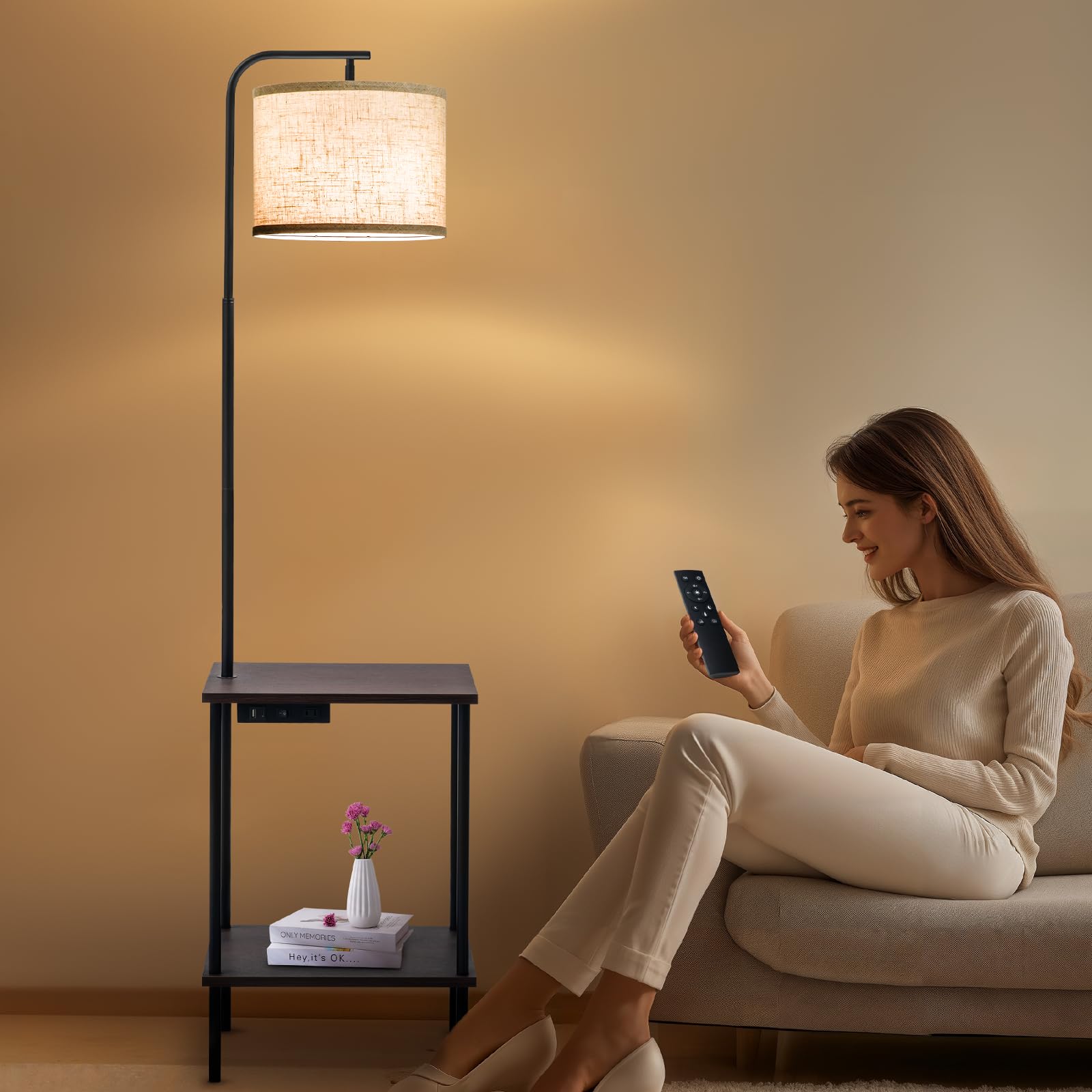 EOEYYOYB Floor Lamp with Table & Drawers, USB Charging Port, 3 Color Temperatures, Walnut