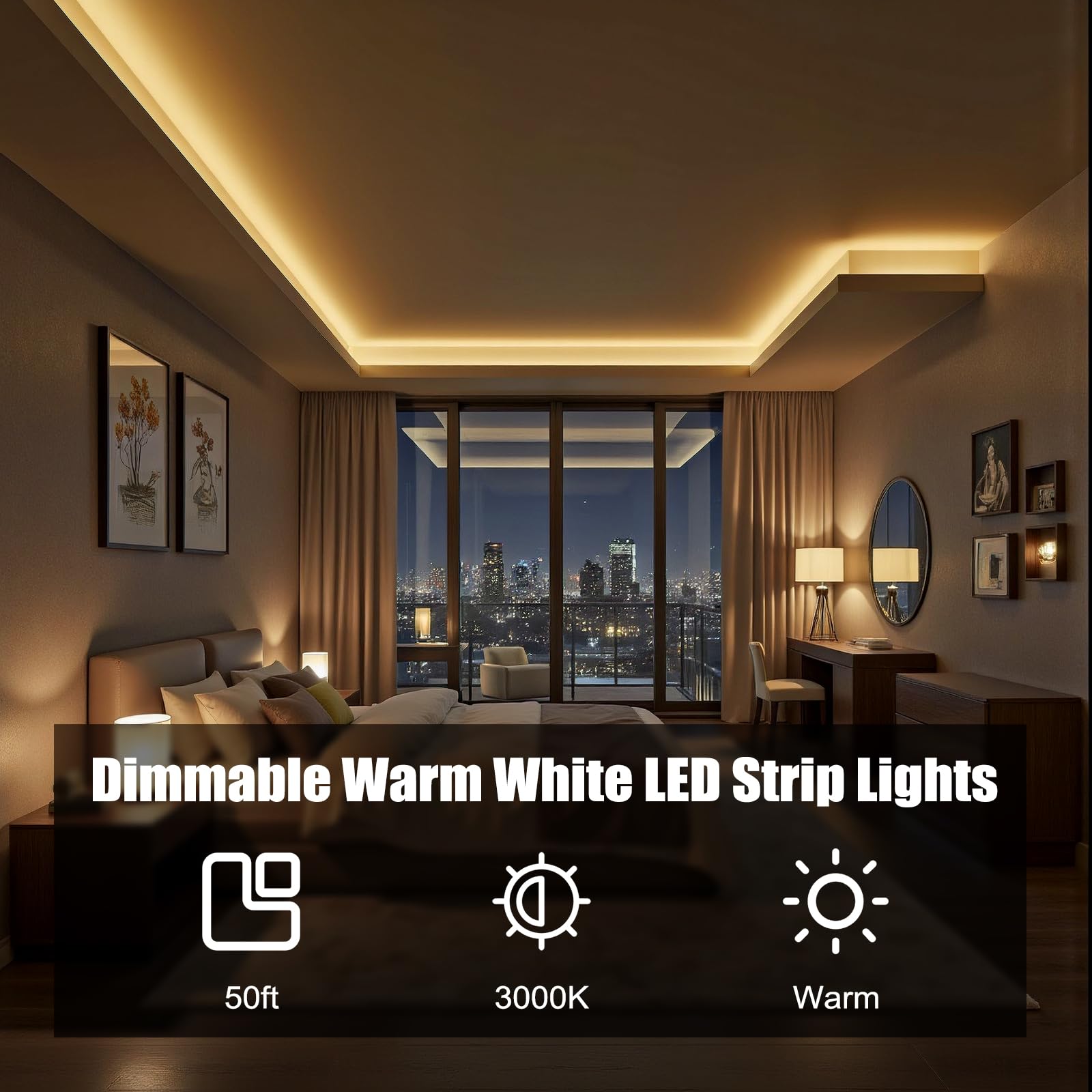 MYPLUS Under Cabinet Lighting Kit, 50Ft Dimmable LED Strip, 900 LEDs, 24V, Warm White 3000K, Model MUSZH1183K, Flexible Tape Light