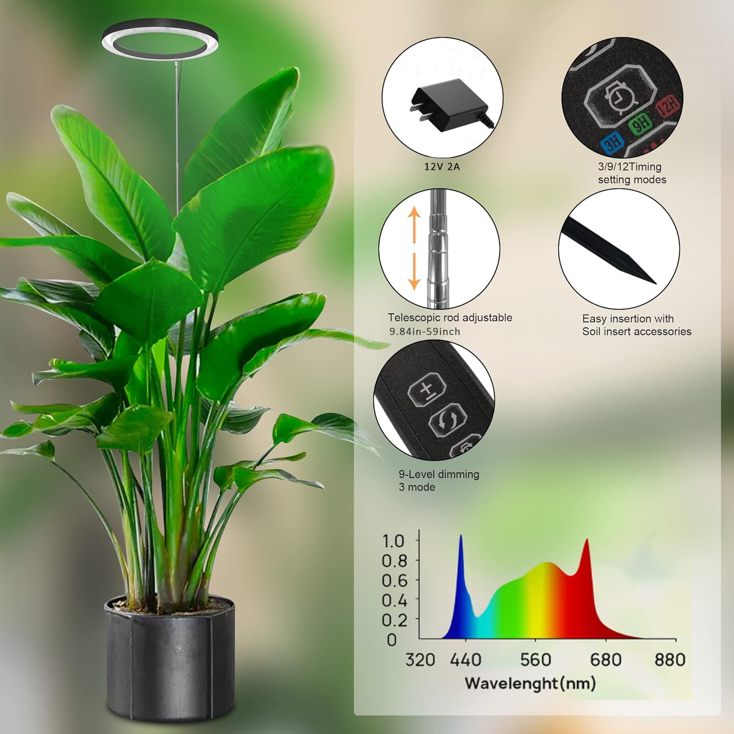 10&quot; Grow Lights For Indoor Plants Full Spectrum, Indoor Plant Light For Indoor Growing With 160Leds,Height Adjustable Led Grow Light For Large Plant, Auto On/Off Timer 3/9/12H, 9 Dimmable Brightness
