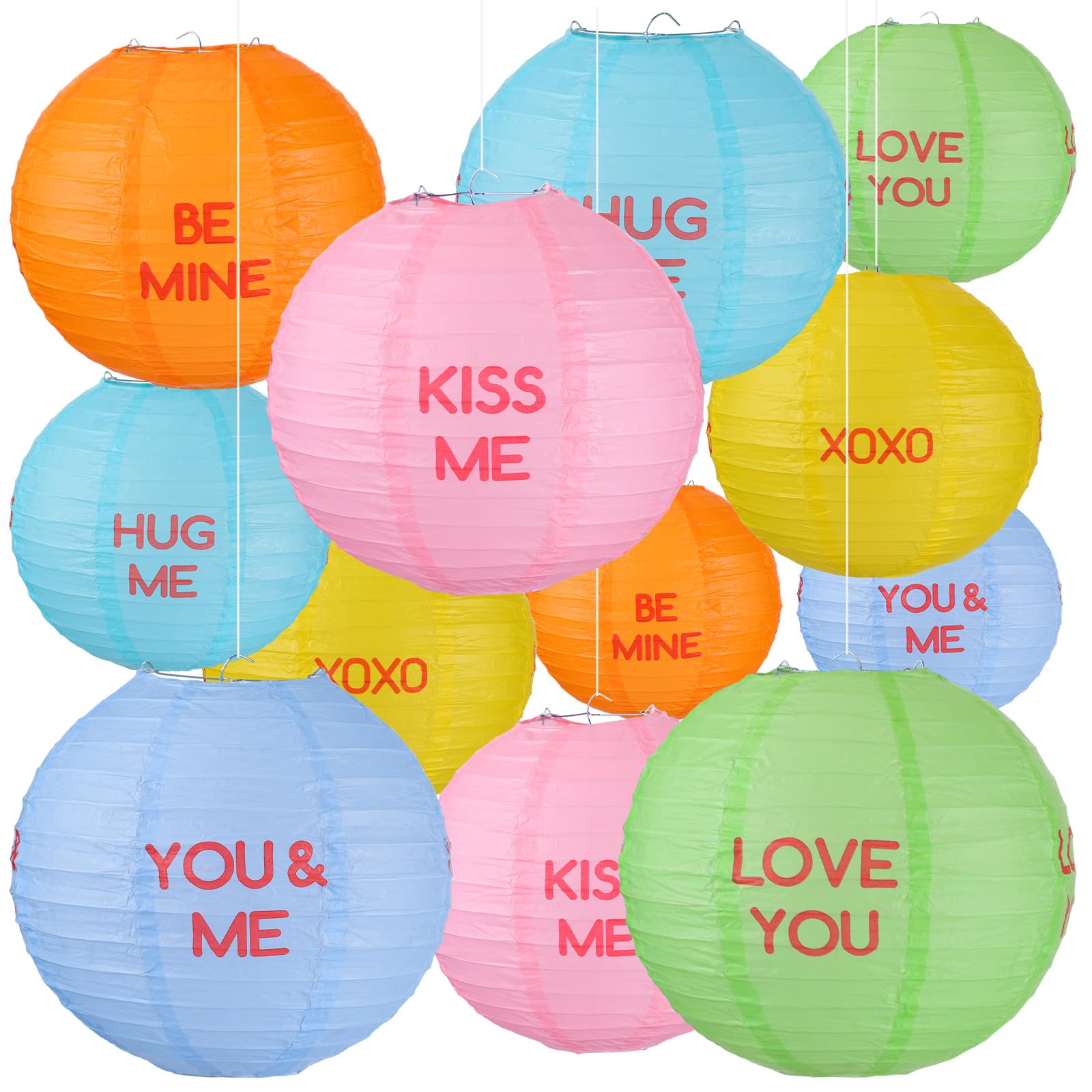 Retisee 12 Pcs 10 Inch Wedding Hanging Paper Lanterns Decor Heart Conversation Paper Lanterns XOXO Lanterns Colorful Hearts Roun