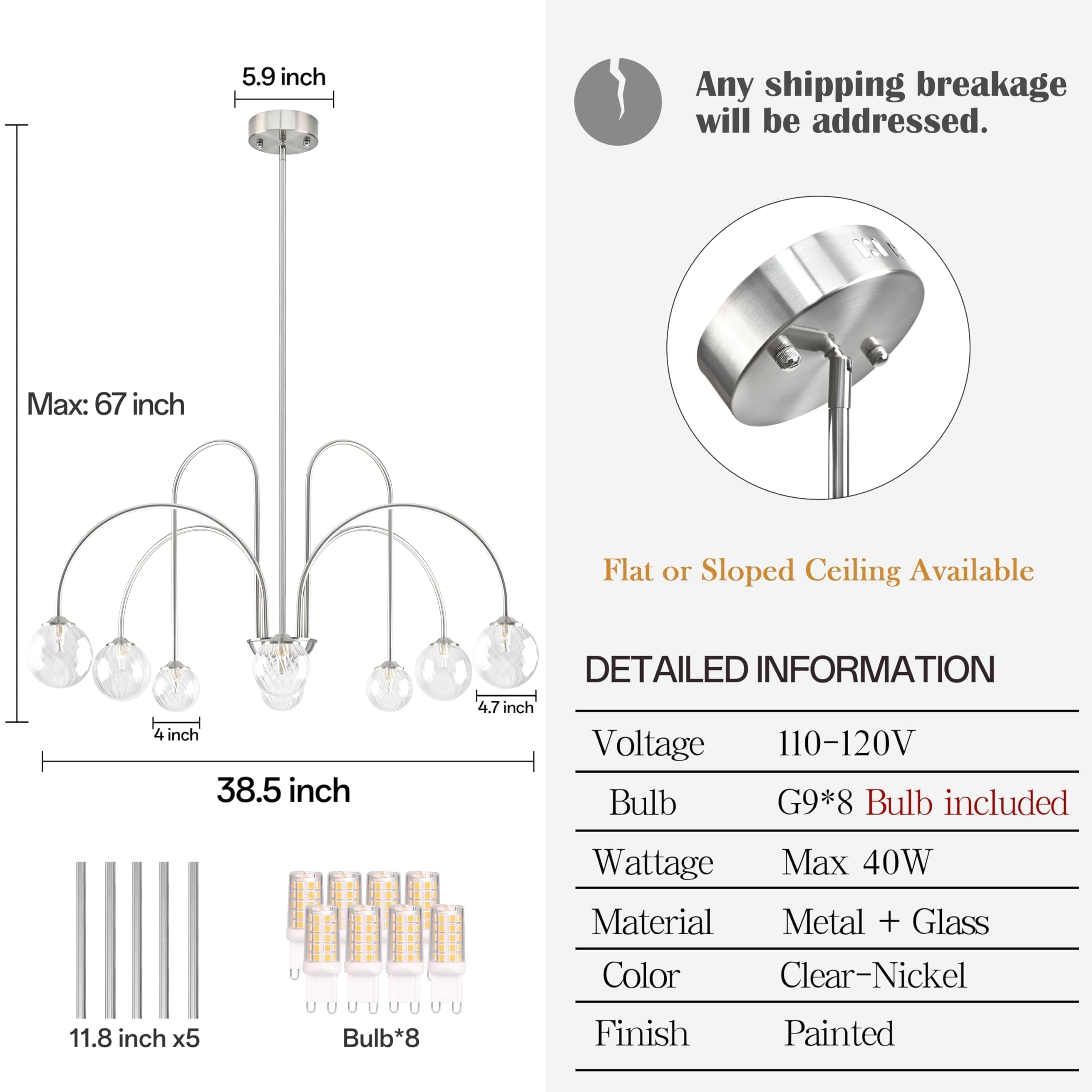 Bagood Nickel Sputnik Chandelier 8-Light Globe Pendant Light 38.5    Modern Sputnik Chandelier With Clear Glass Globe Shade Dimm