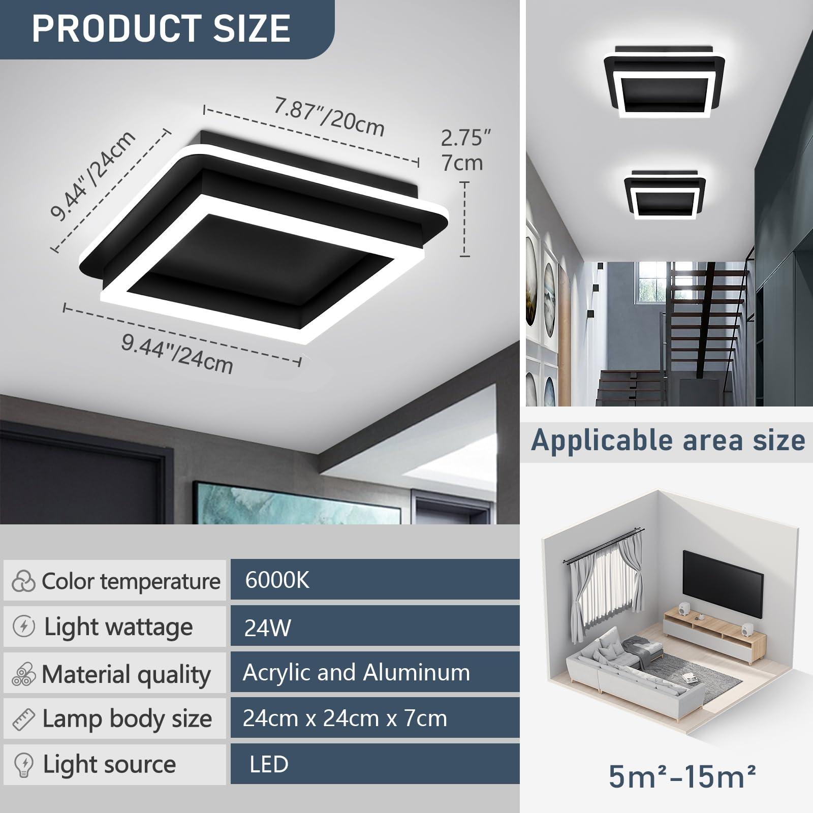 Caneoe Black Modern Led Ceiling Light, Square Flush Mount Ceiling Hallway Light Fxitures, 6000K Cold White Small Close To Ceilin