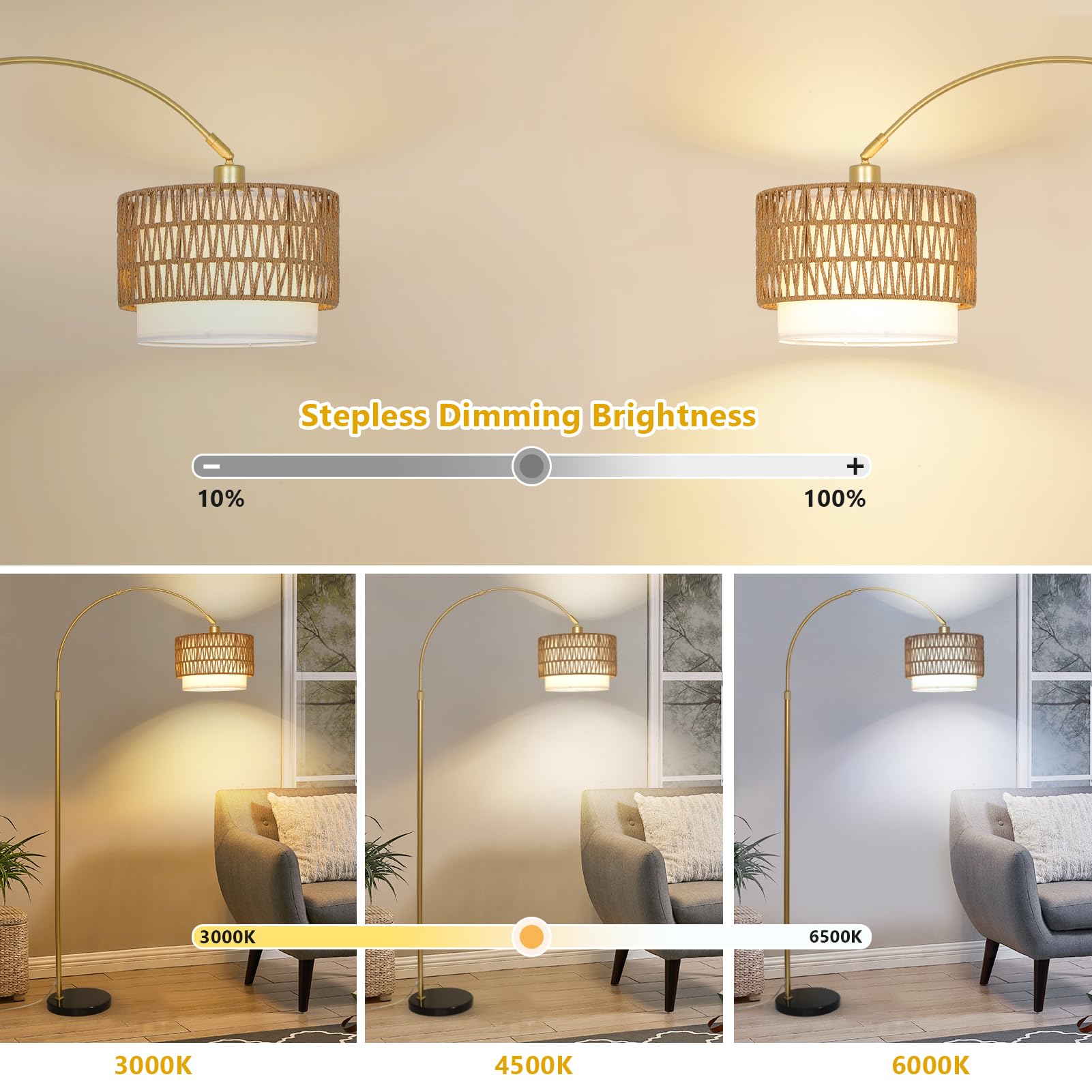 Arc Floor Lamp For Bedroom With Rattan & Linen Shades, Gold Floor Lamp With Remote & Dimming Bulb, Rustic Standing Lamp With 3 C