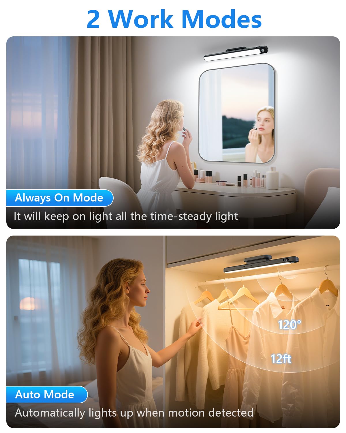 Ferswe 5W Motion Sensor Magnetic Light Bar  2500Mah Rechargeable Under Cabinet Lighting With Battery Display  Eye-Friendly Mirror Lights  Led Light Bar For Cabinet  Closet  Bathroom And Desk
