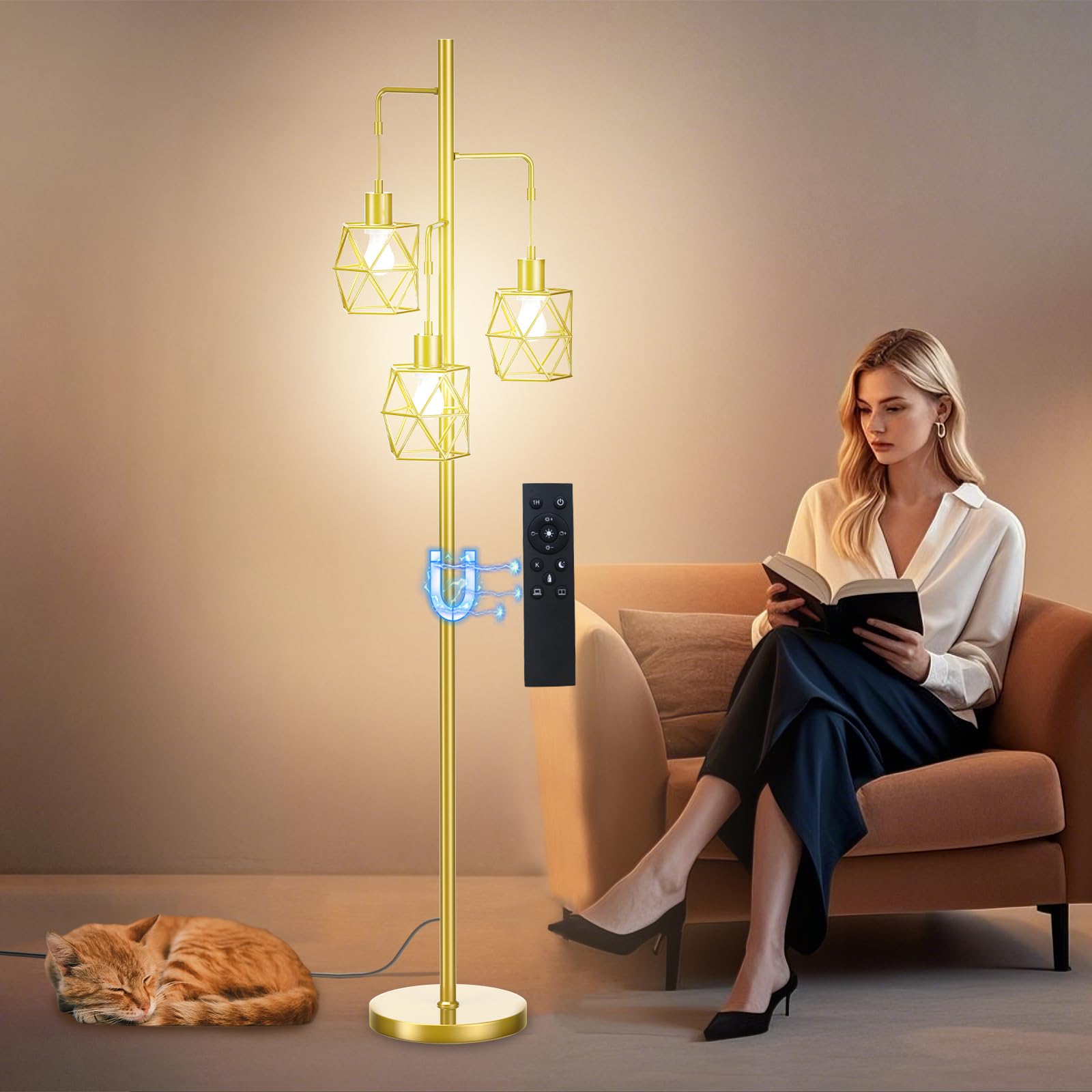 Dimmable Industrial Floor Lamp - 3  9W/800Lm Bulbs Included And 4 Working Modes Led Gold Floor Lamp, Bright Tree Floor Lamps Tal