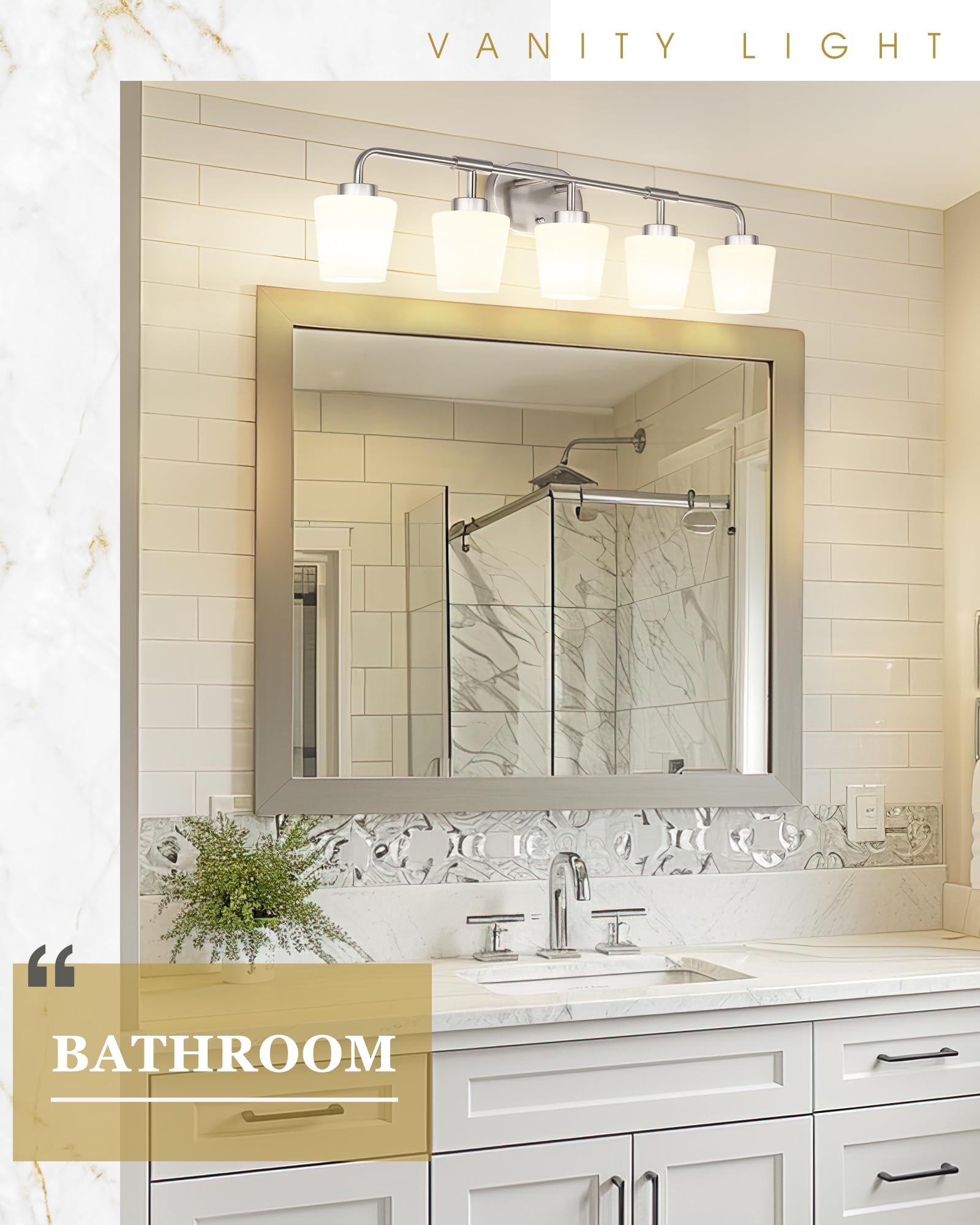 Audickic Bathroom Light Fixtures Over Mirror, 5-Light Brushed Nickel Vanity Lighting Fixtures With Milk White Glass, 38Inch Farm
