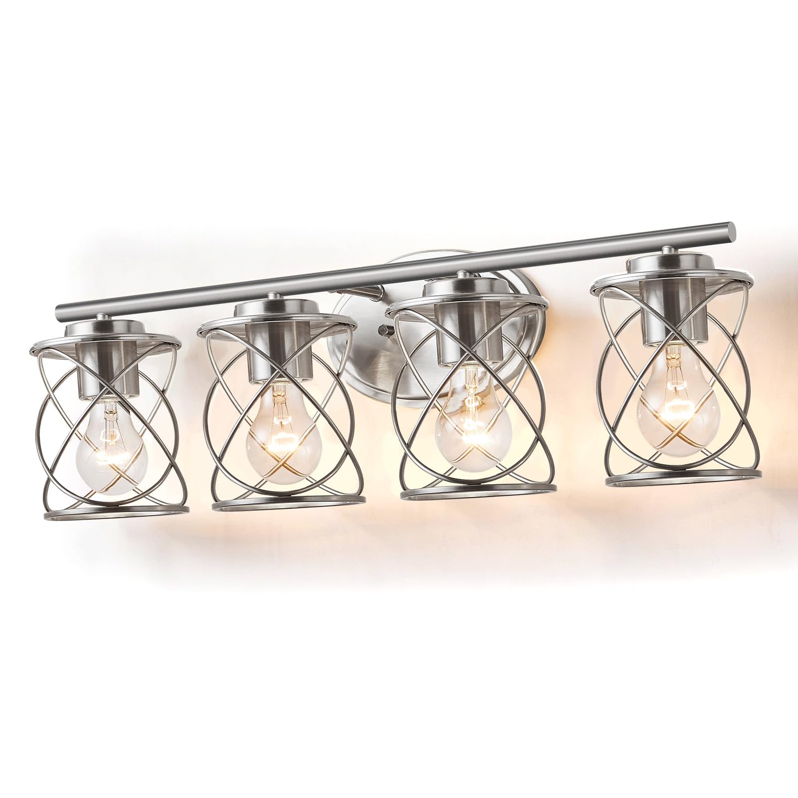 mavcadonf Bathroom Vanity Light Fixtures Over Mirror  4 Lights Modern Bathroom Wall Lamp for Mirror Kitchen Living Room Hallway Cabinet Porch  Farmhouse Wall Lights with Cage Shade  Brushed Nickel