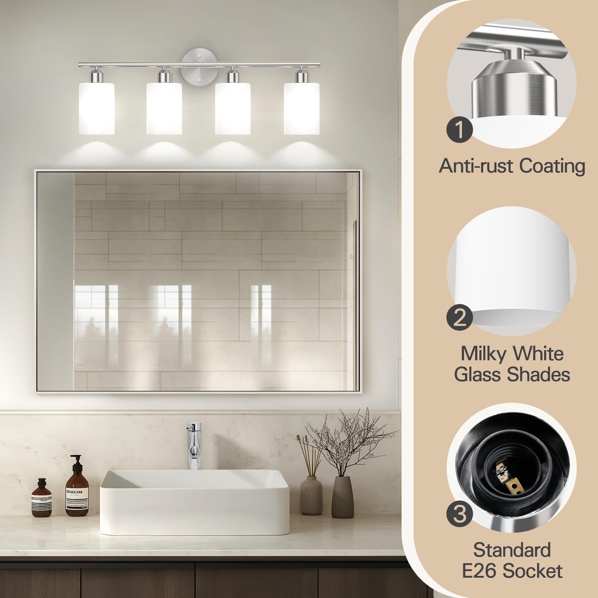 Espird Brushed Nickel Bathroom Vanity Light Fixtures, 4 Lights, Textured Frosted Opal Glass Shades, Model L01-4-NL-W