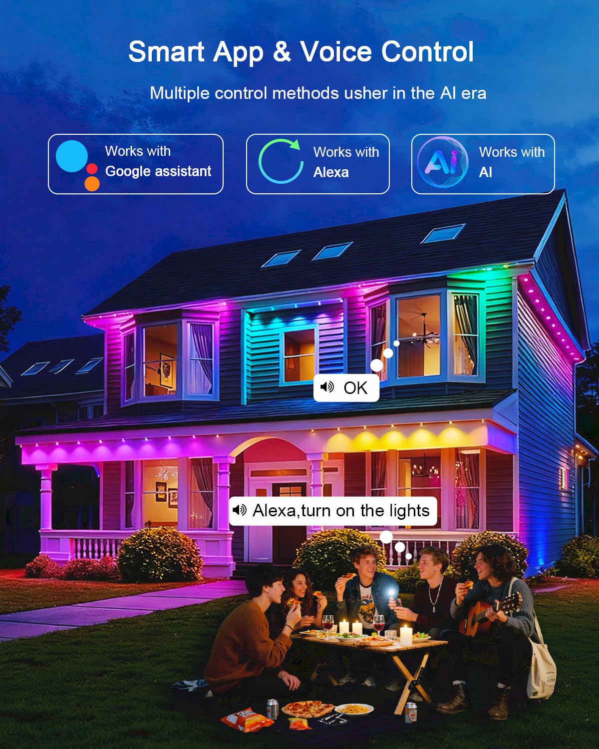 Morpholife 100FT Permanent Outdoor Lights - Smart AI RGB+IC LED, IP67 Waterproof, Alexa/Google Compatible, White