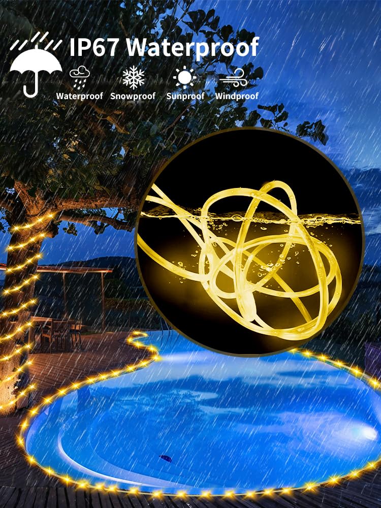 Larger Tube Solar Rope Lights 200Leds Waterproof,Rechargeable Battery,Dual Charging,39Ft Outdoor String Light,Remote-Control,For