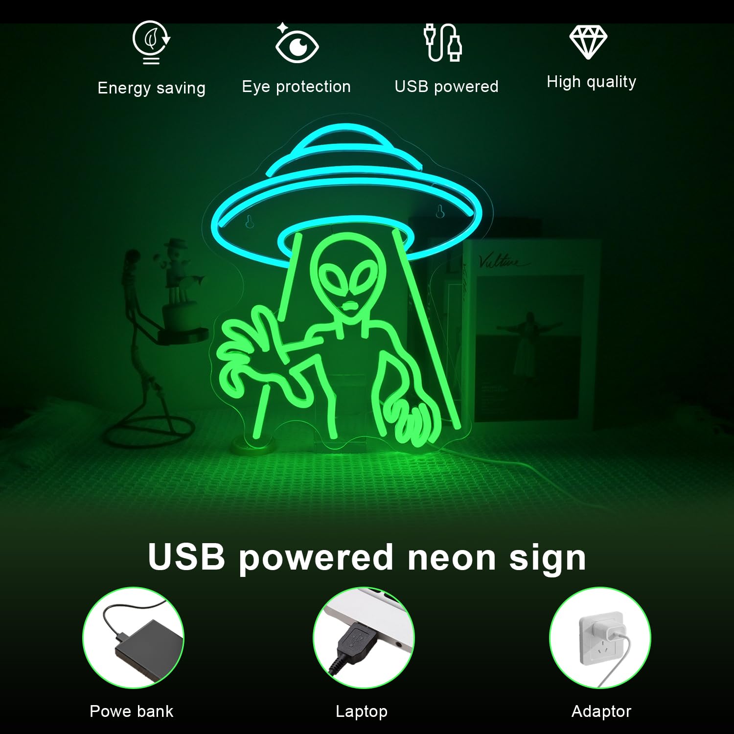 Lucunstar Alien Neon Sign,Green Led Wall Decor,Led Alien Neon Light, Shop Bar Man Cave,Teen Room,Game Room Decor,Hip Hop Party N