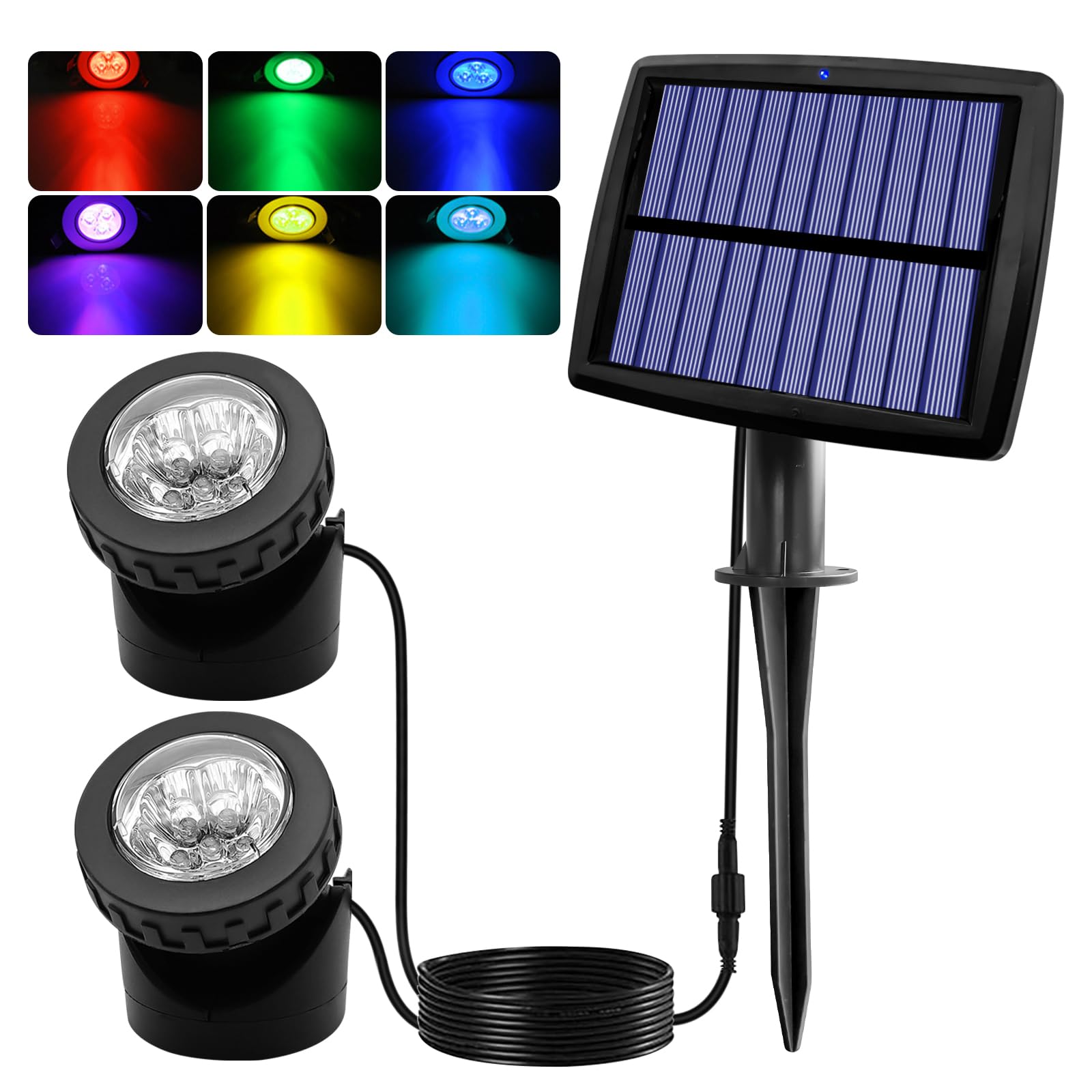 AVEKI Solar Pond Spotlights, RGB Color Changing, 12 LED, Dual Head, Waterproof, Model A-2HCS