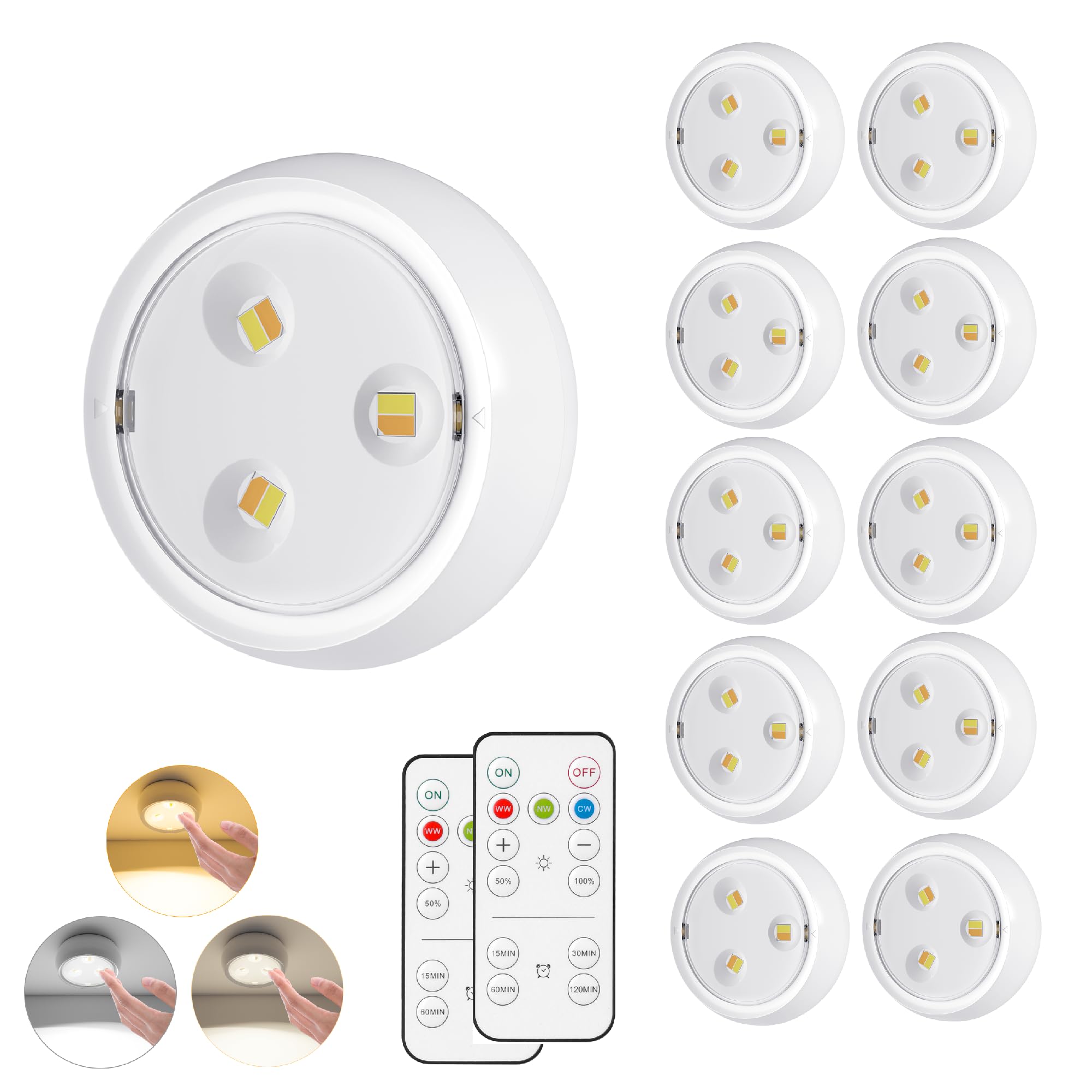YLXS LED Puck Light, 10 Pack, Battery Operated, Dimmable, Remote Control, White, Portable Under Cabinet Lighting