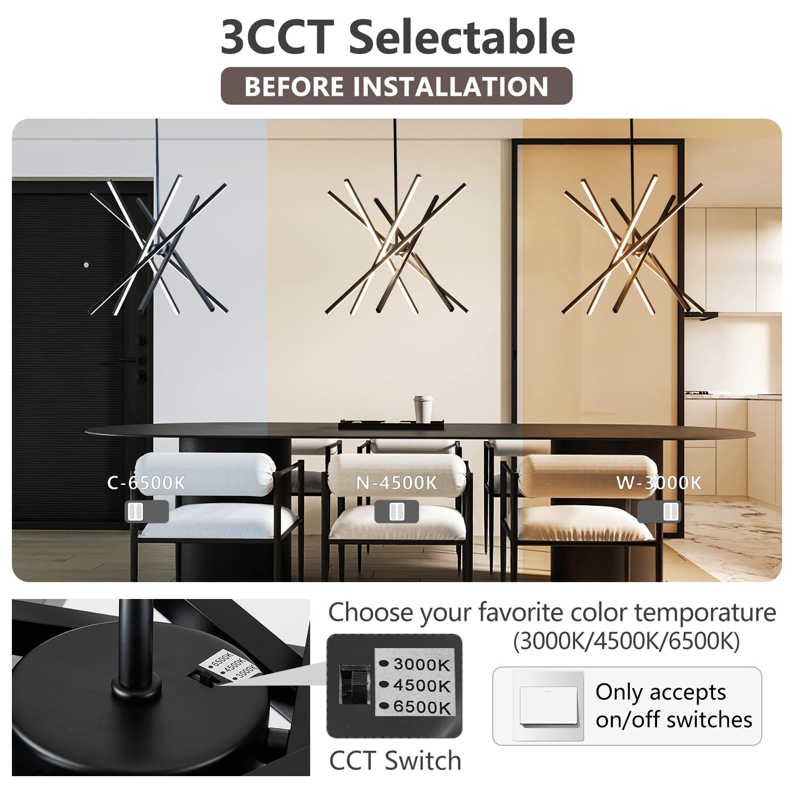HOGBU Modern Black LED Chandelier - 6-Light Dimmable Sputnik Pendant for Dining Room, Kitchen, 3000K 4500K 6000K, Model G009P-