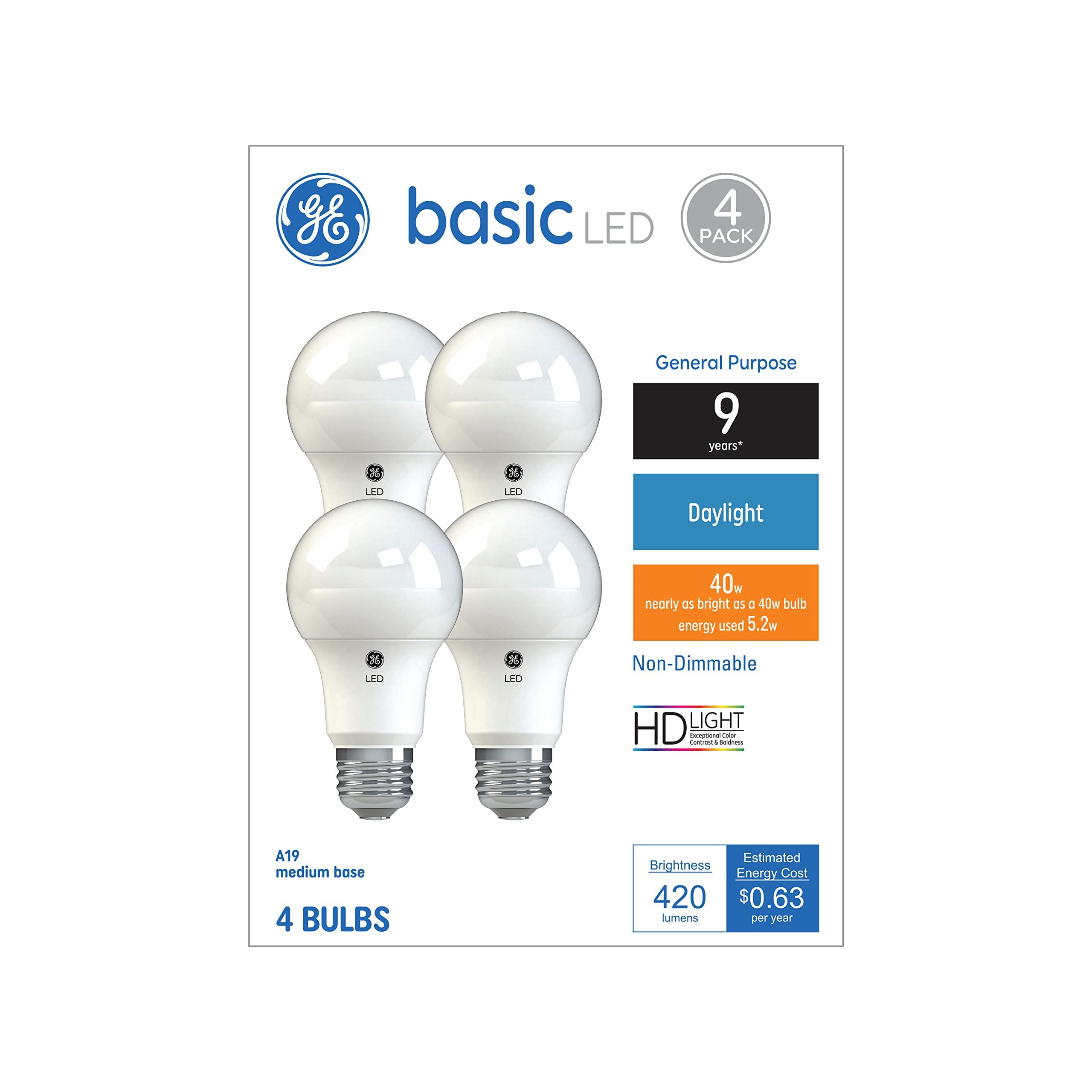 Ge Basic Led Light Bulbs, 40 Watt, Daylight, A19 (4 Pack)