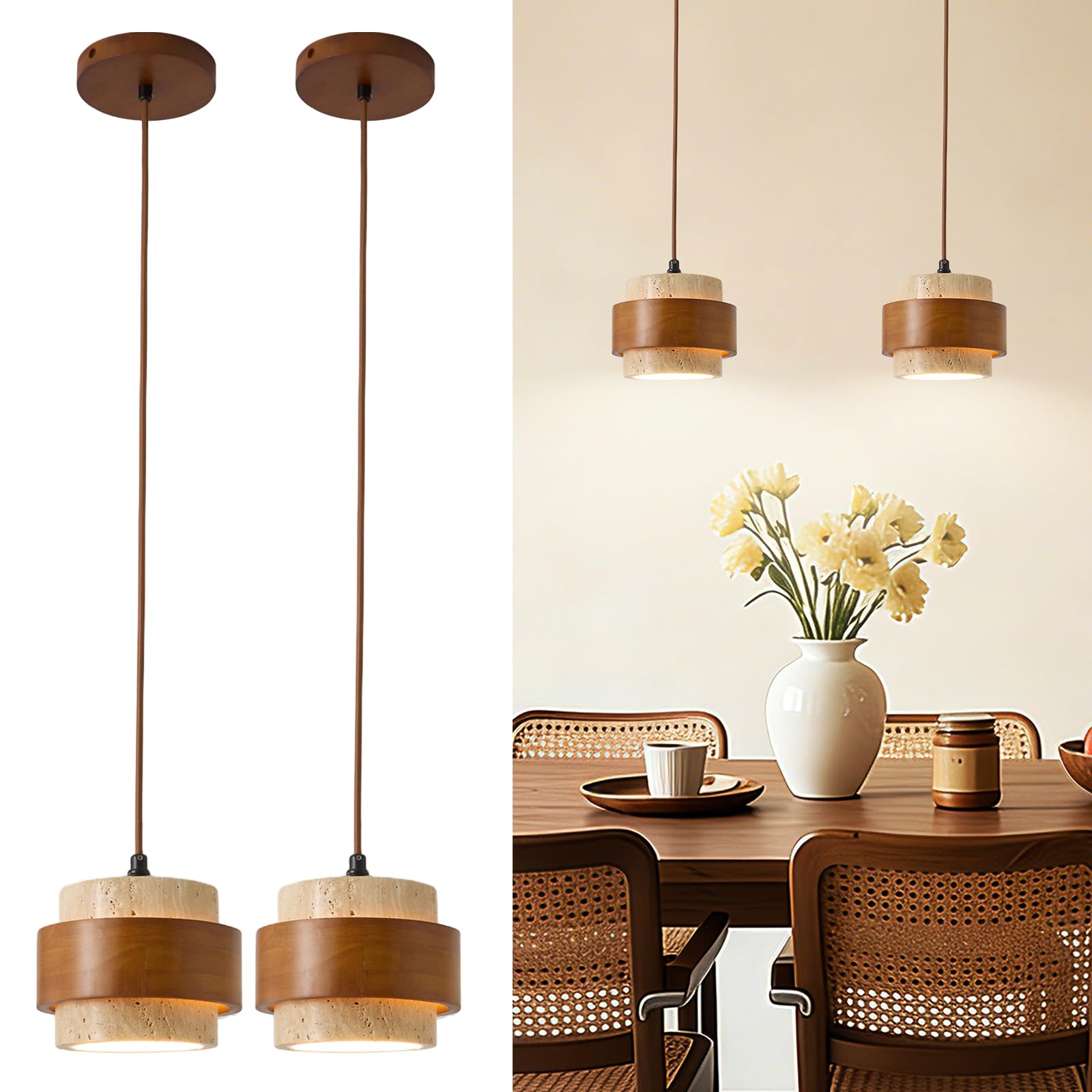 Wabi Sabi Pendant Light Set of 2, Natural Stone Travertine & Wood Hanging Lamp for Kitchen Island, Hallway, Bedroom, Dining Room