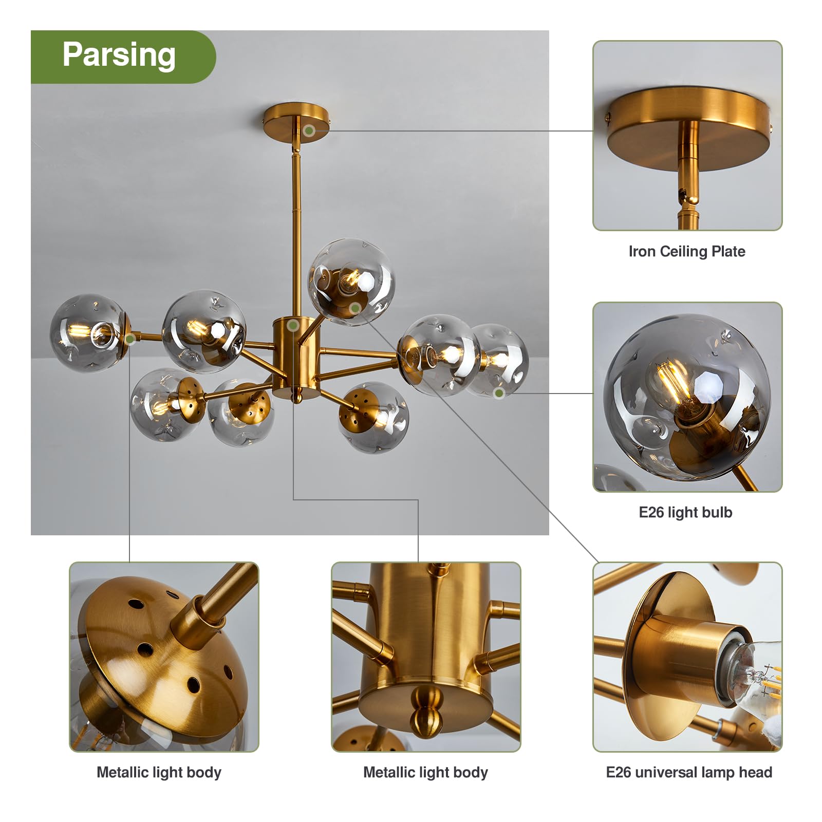 Szxykeji 8 Light Chandelier Mid Century Glass Globe Sputnik Pendant Light Fixture Gold Ceiling Light For Living Room Kitchen Din