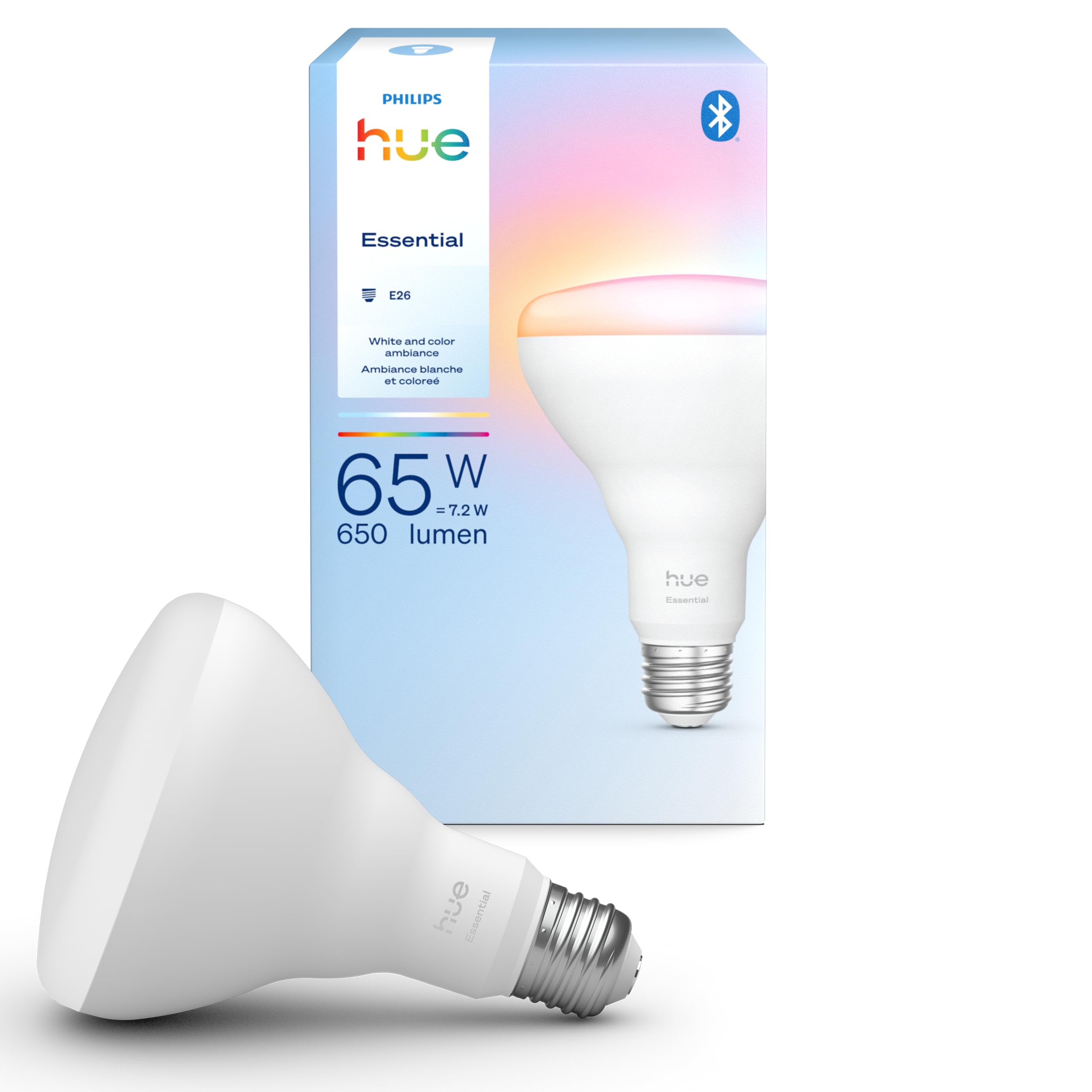 Philips Hue Essential Smart LED BR30 Bulb, White & Color Ambiance, 7.2W, 650 Lumens, Dimmable, E26, 1-Pack, Model 