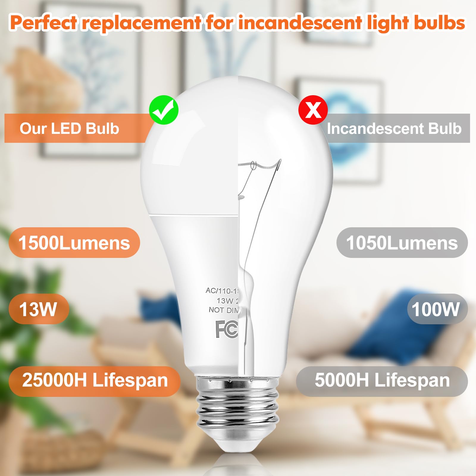 Led Light Bulbs, 100 Watt Equivalent A19 Led Bulbs, 13W 2700K Warm White 1500 Lumens Non-Dimmable Bright E26 Edison Medium Screw Bulbs For Home Bedroom Kitchen Living Room Office Lamp, 4-Pack