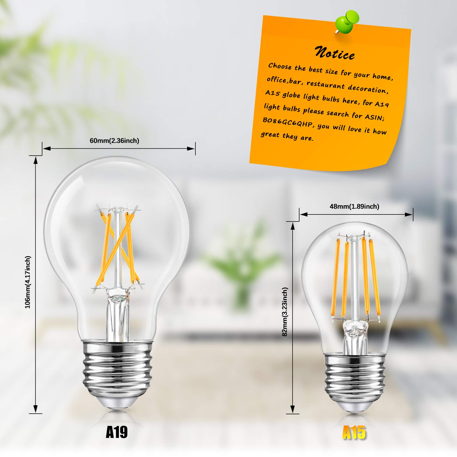 TOBUSA 12-Pack Dimmable A15 LED Bulbs, 6W Vintage E26, 60W Equivalent, Warm White, 2700K, Glass, Model 480820