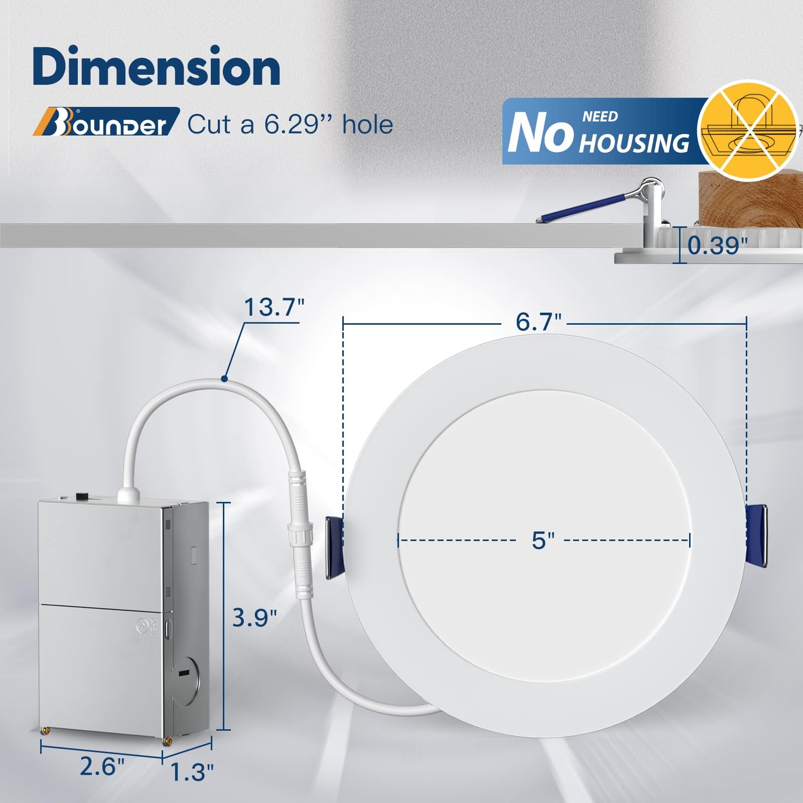 BBOUNDER 6 Inch Ultra-Thin LED Recessed Ceiling Light, 5CCT Dimmable, 12W Eqv 110W, Metal, 1050LM, Model