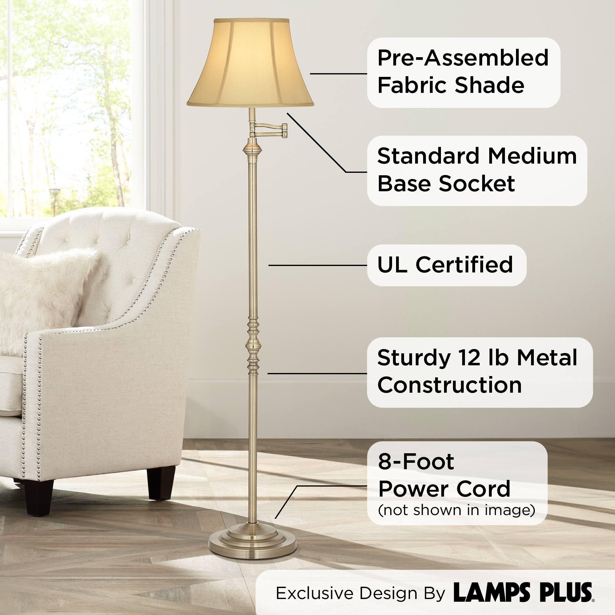 Regency Hill Floor Lamp - Traditional Adjustable Swing Arm, 60in Tall, Antique Brass, Metal, Golden Tan Shade, Model T8241