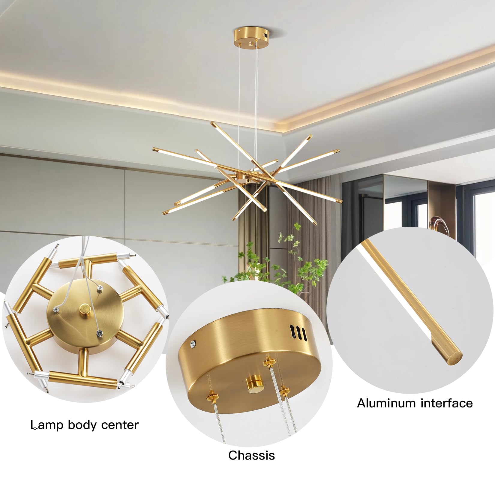 Modern Gold Chandelier,12 Lights Linear Pendant Light Fixtures Led Chandeliers For Dining Room Farmhouse Hanging Light For Bedro