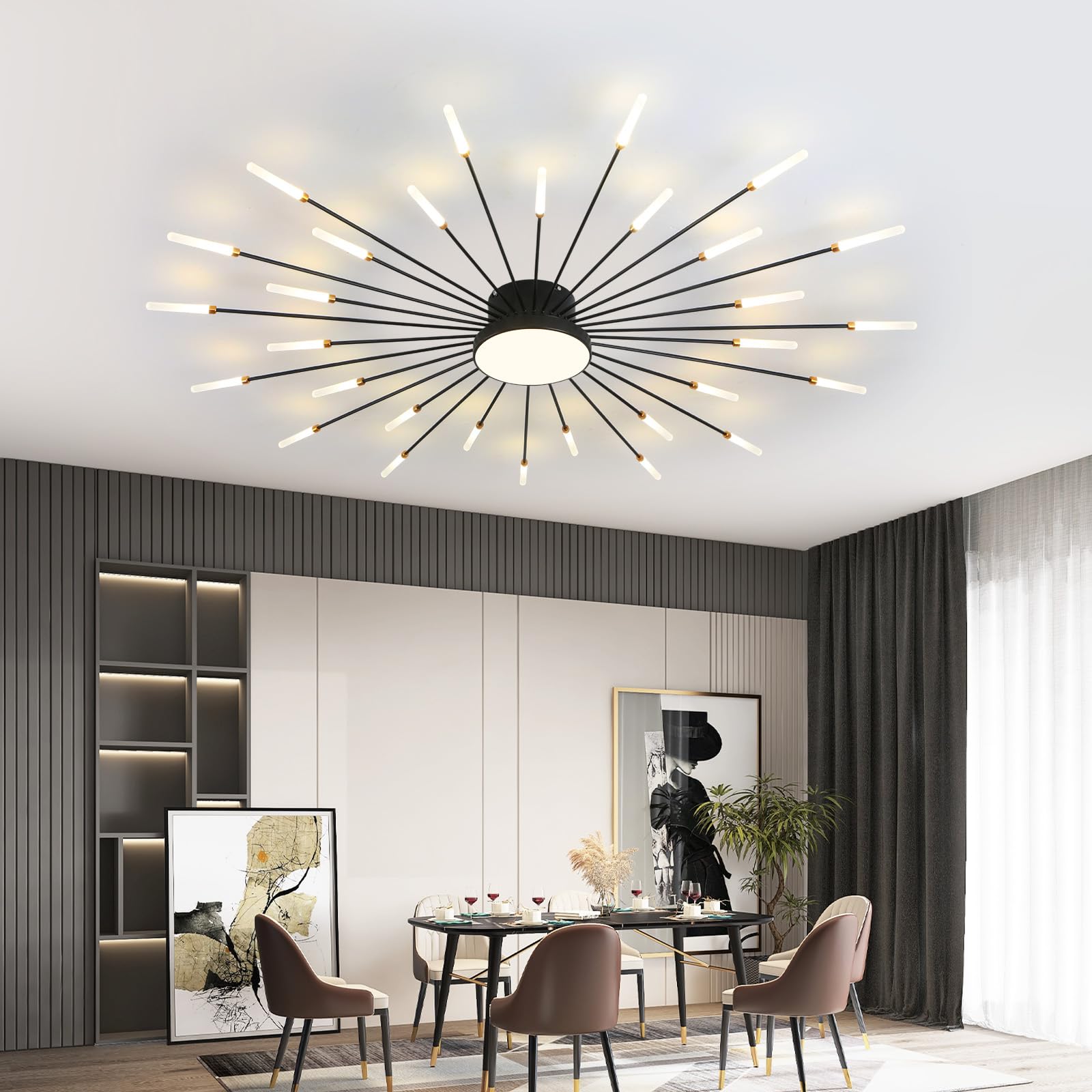 Ziidoo Modern Ceiling Light 30+1 Lights Metal Firework Designed Chic Led Lighting Fixture For Farmhouse Kitchen Dining Room Bedroom Hallway Living Room (Black)