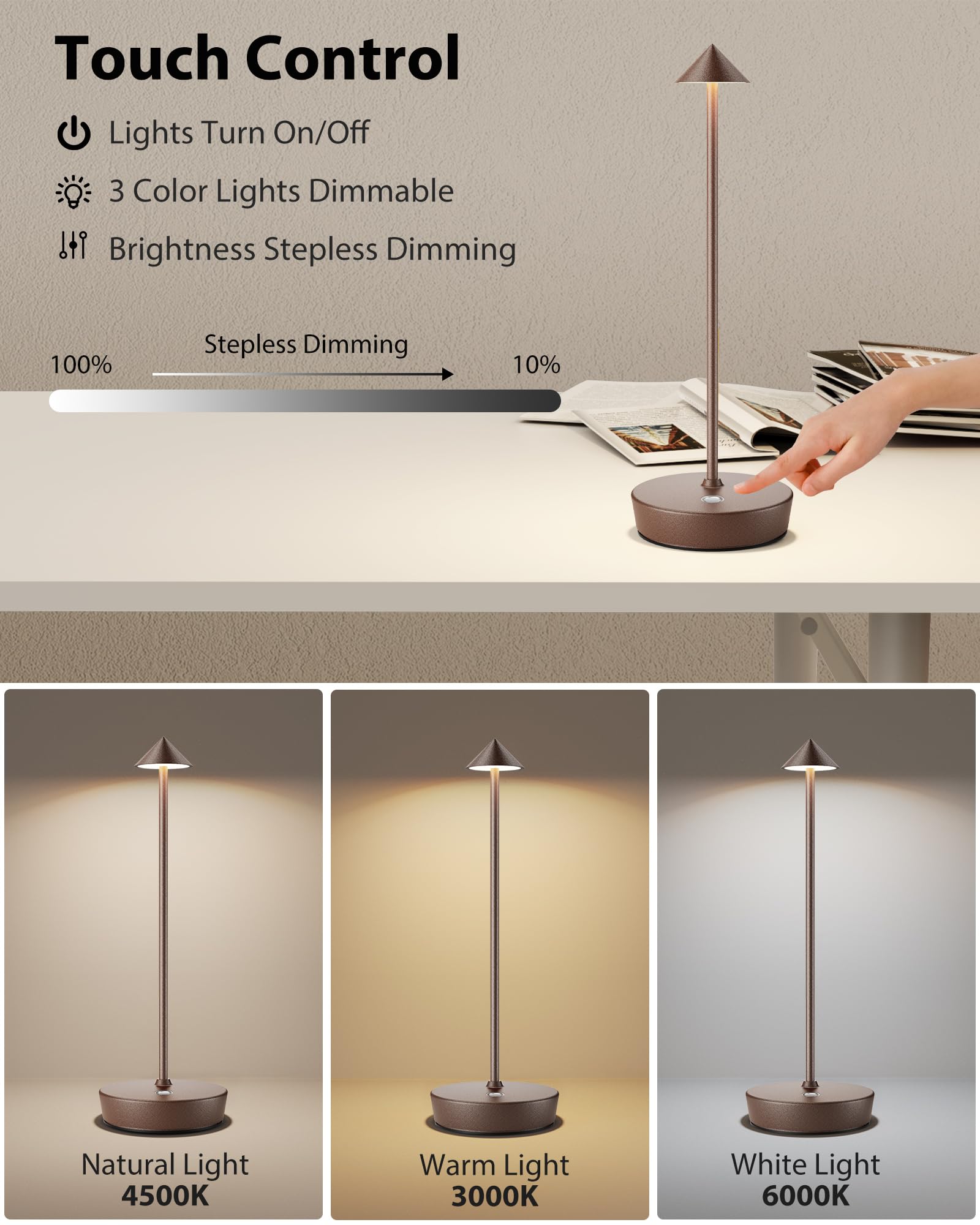 Shangcai Cordless Table Lamps Rechargeable, 6000Mah Battery Operated Led Desk Lamp Outdoor Waterproof Portable Touch Dimmable Ta
