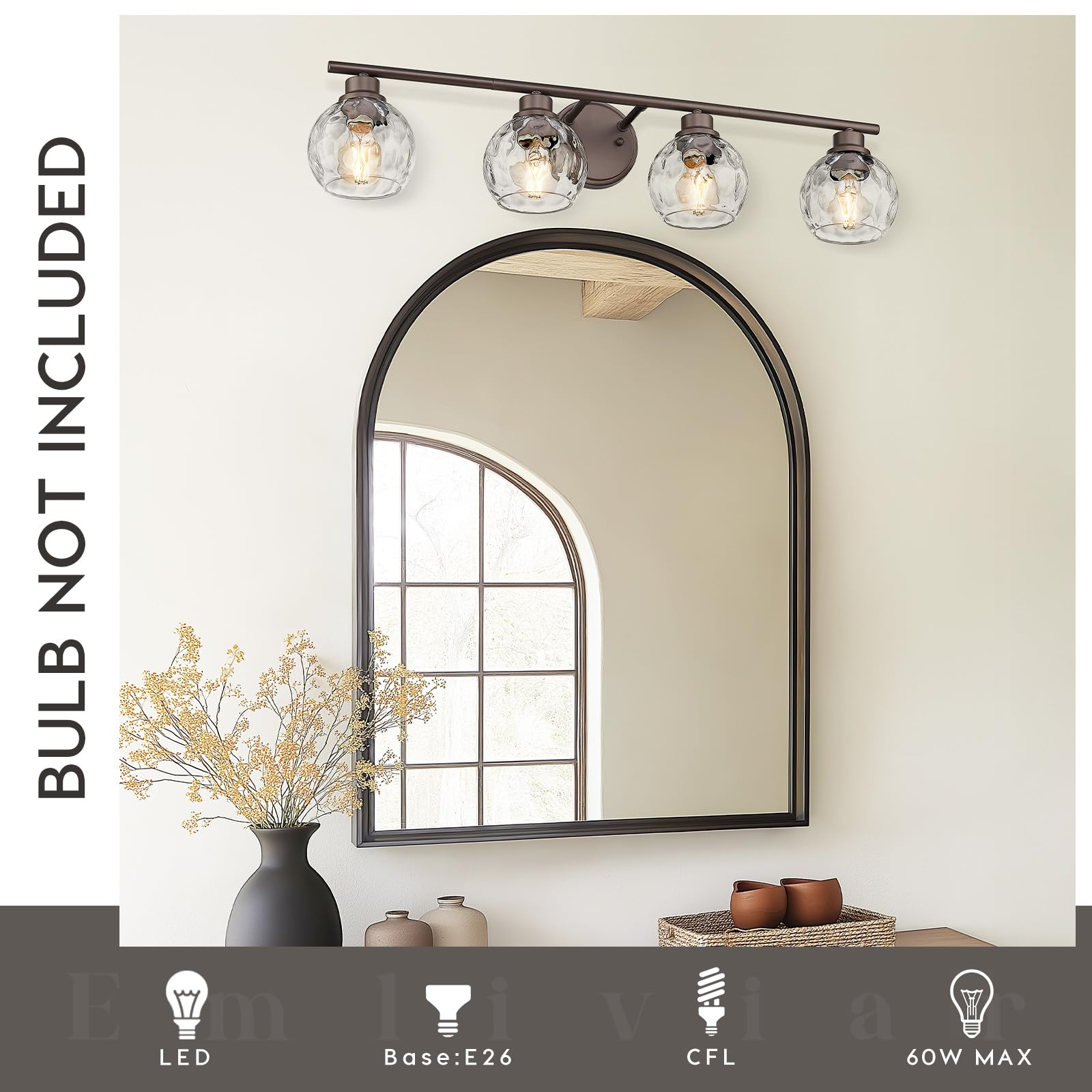 Emliviar 4-Light Vanity Lighting, 32.6in Water Ripple Globe Glass, Oil Rubbed Bronze Finish, Model YE295B