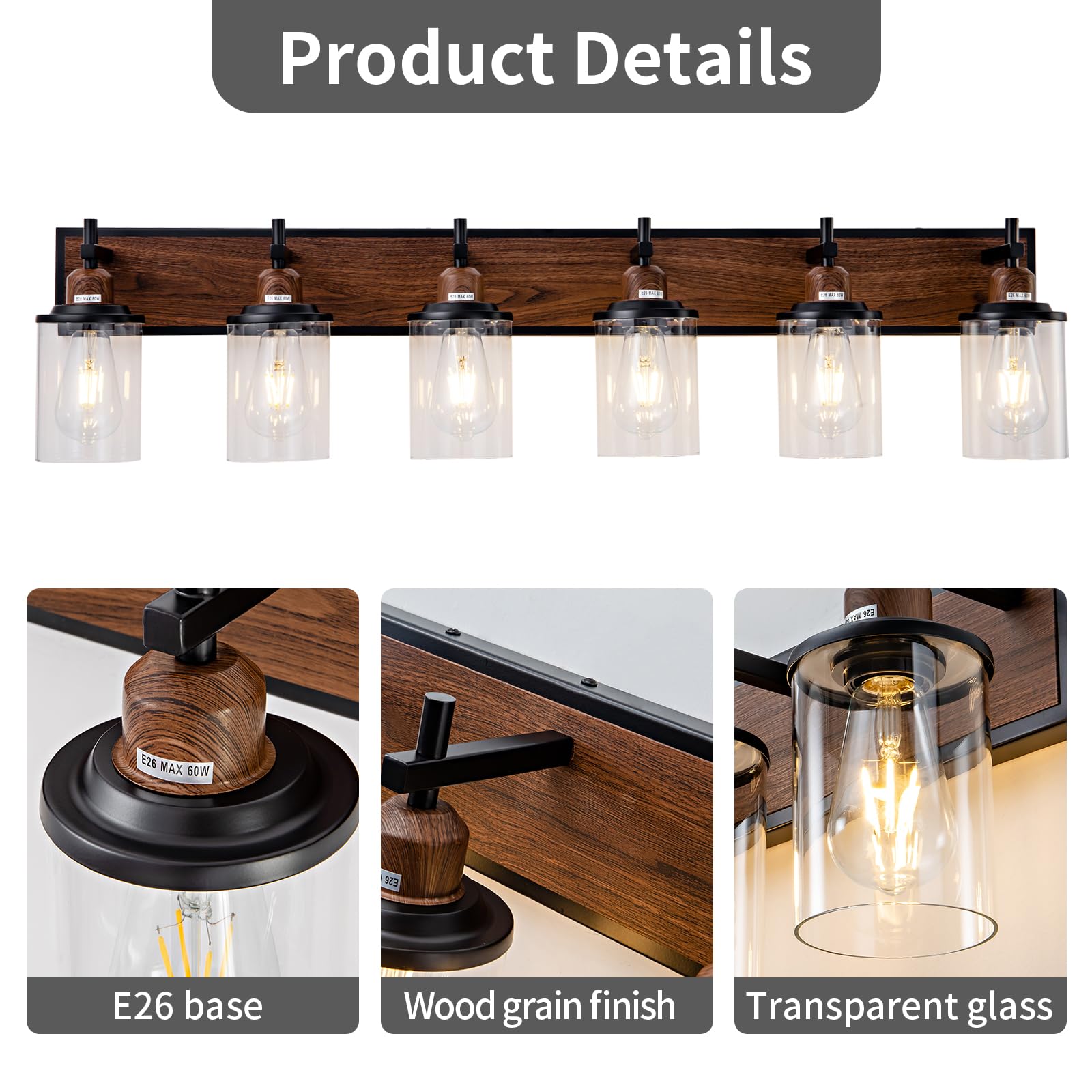 Lanhall 6-Light Farmhouse Bathroom Light Fixtures Vintage Bathroom Vanity Lights Over Mirror Black And Wood Painted Metal Vanity
