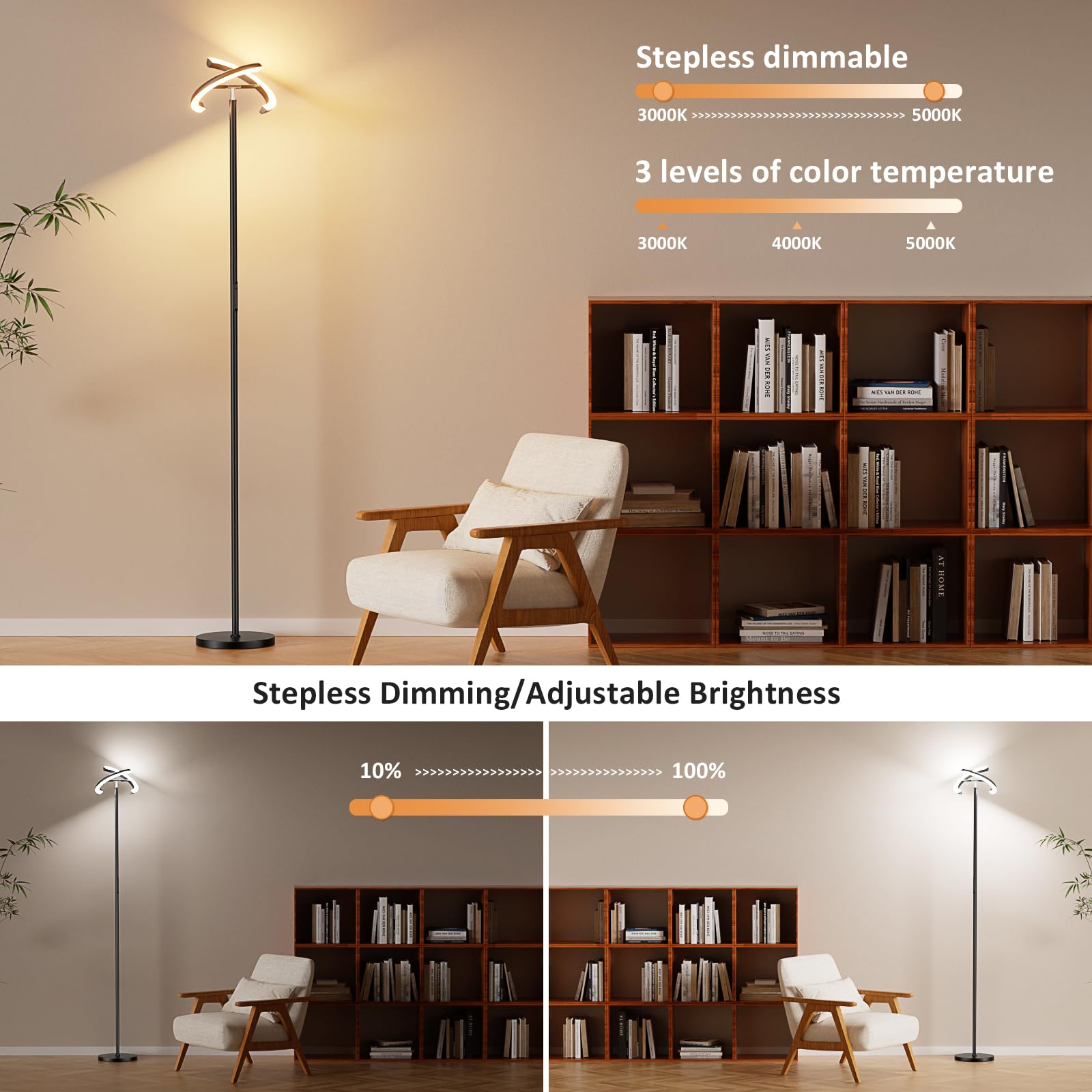 PreeOtti LED Floor Lamp - 73.6 Tall Modern Standing Lamp with 2 Rotatable Lights, Remote & Touch Control, 36W Bright Stepless Di