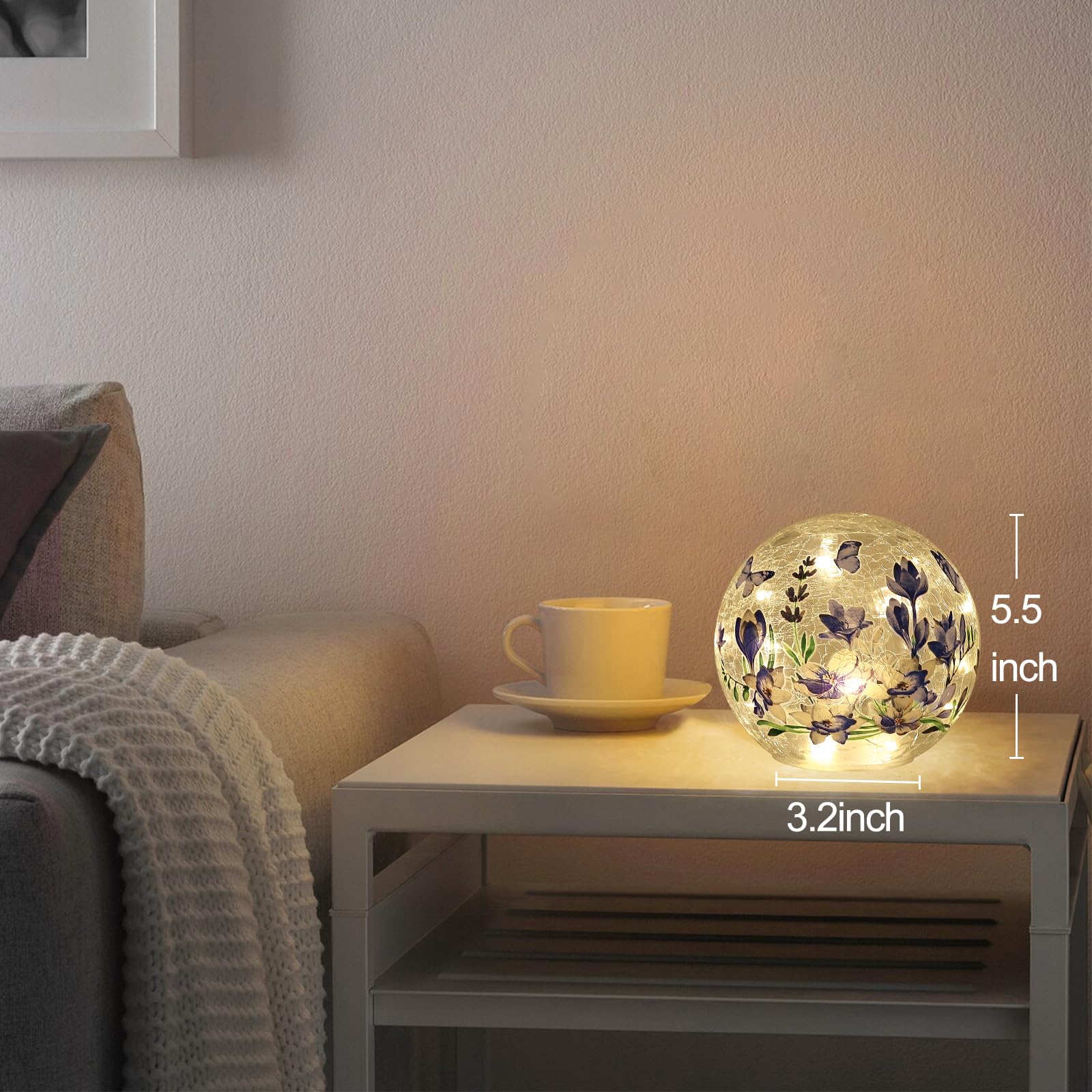 Idealxmas Glass Sphere Light With Timer - Glass Crystal Lamp, Battery Operated Table Lamp With Blue Flower
