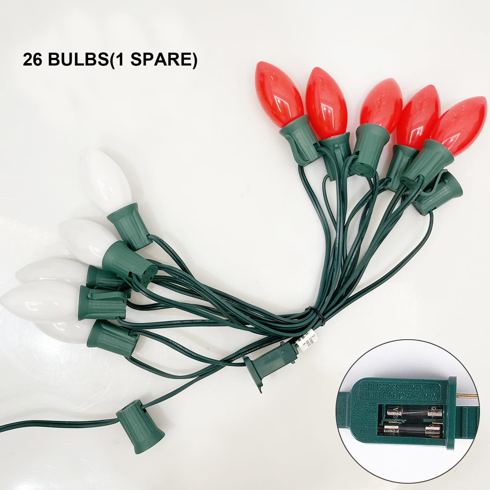 C9 Christmas Outdoor String Lights, 25 Feet Vintage Christmas Tree Lights With 26 7W Red White Glass Bulbs(1 Spare), Connectable