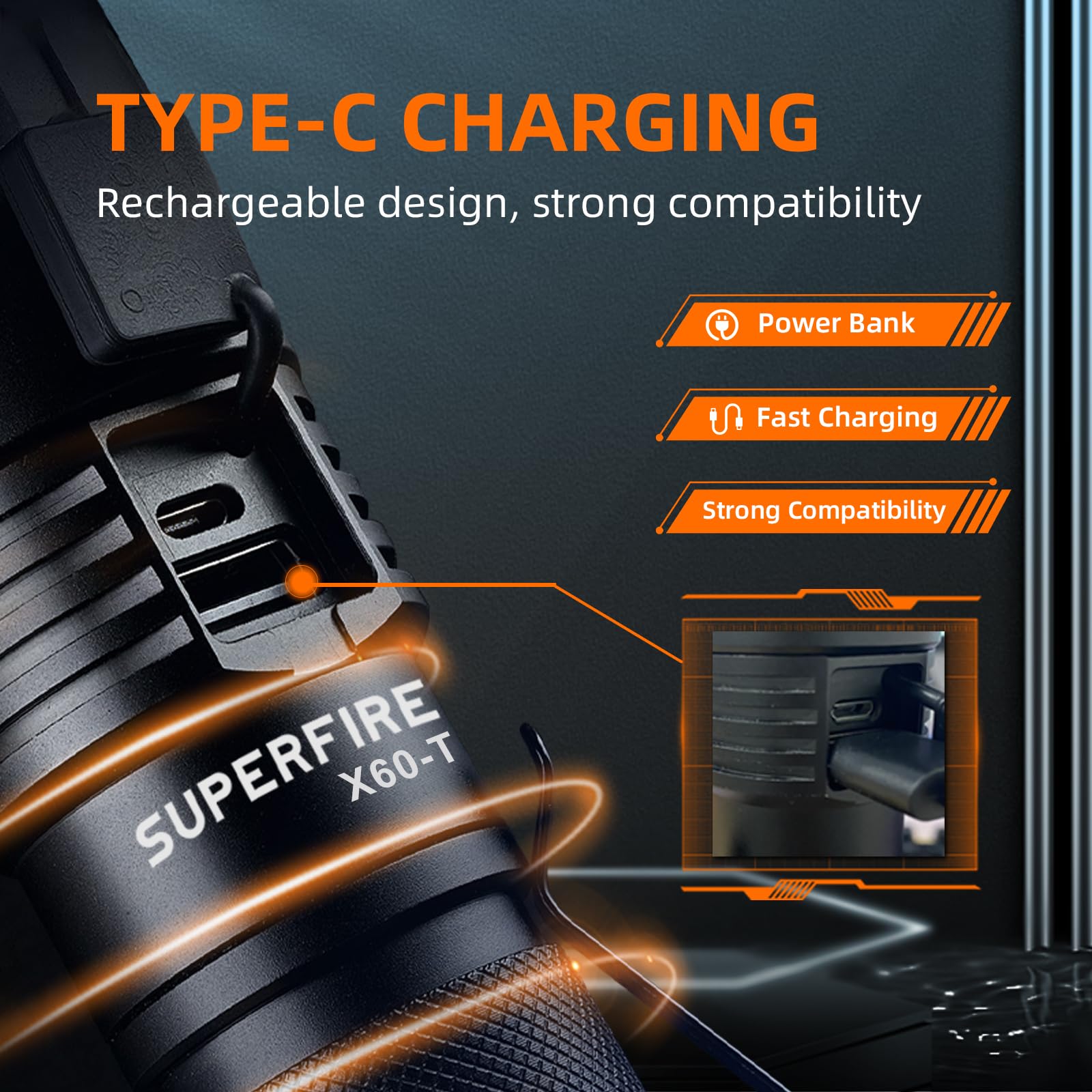 Superfire 2000 High Lumens Led Flashlight, Rechargeable, Zoomable Tactical Light For Camping