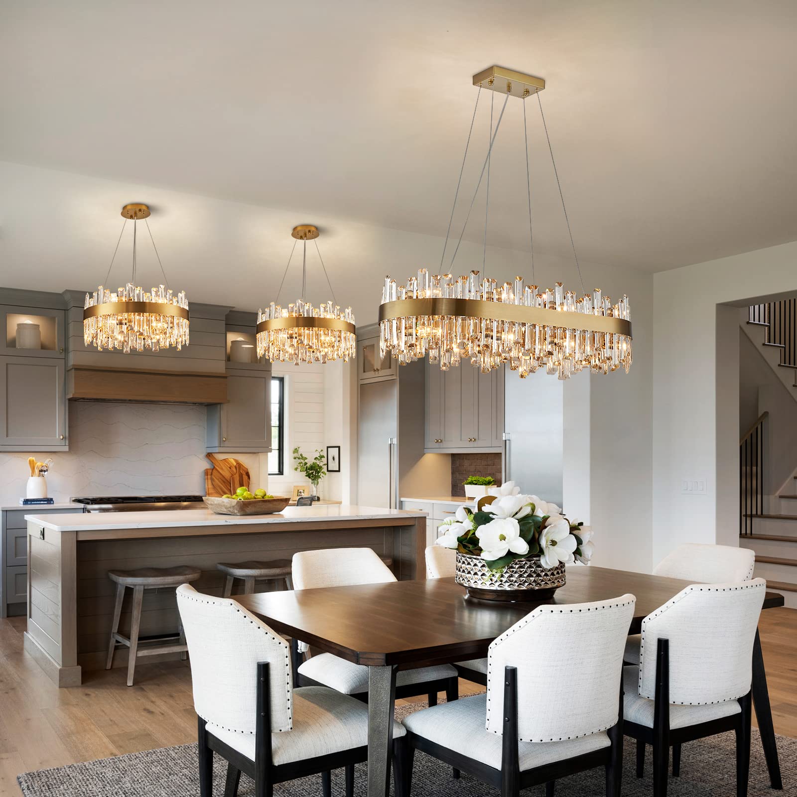 Siljoy Modern Crystal Chandelier 16 Lights Rectangle L35.4in  Clear Crystal Brass Gold Flush Mount Pendant Light for Dining Room