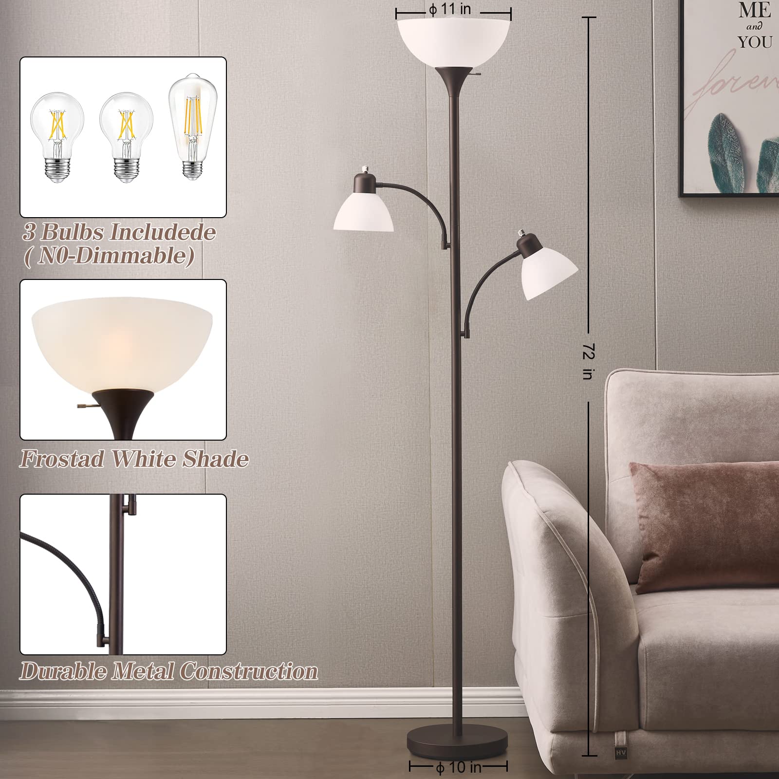 Luvkczc Floor Lamps For Living Room, 72'' Tall Standing Lamp, Torchiere Lamp With 2 Reading Lamps, Industrial Bright Floor Lamp