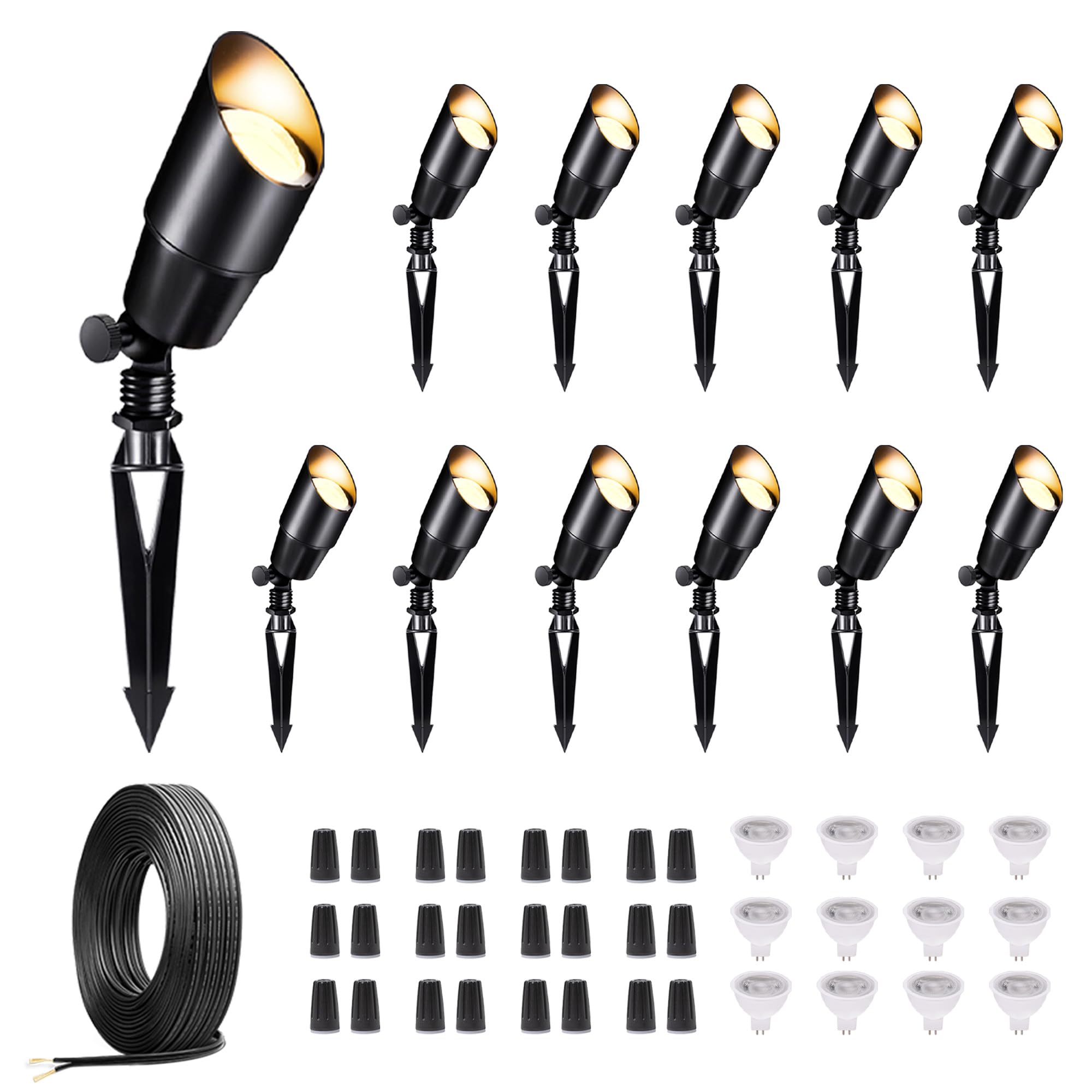 Varmtalys Black Outdoor LED Landscape Lights Kit, with 12 Pack 12V Low Voltage Spotlight and 250FT Cable and 40 Wire Connectors,