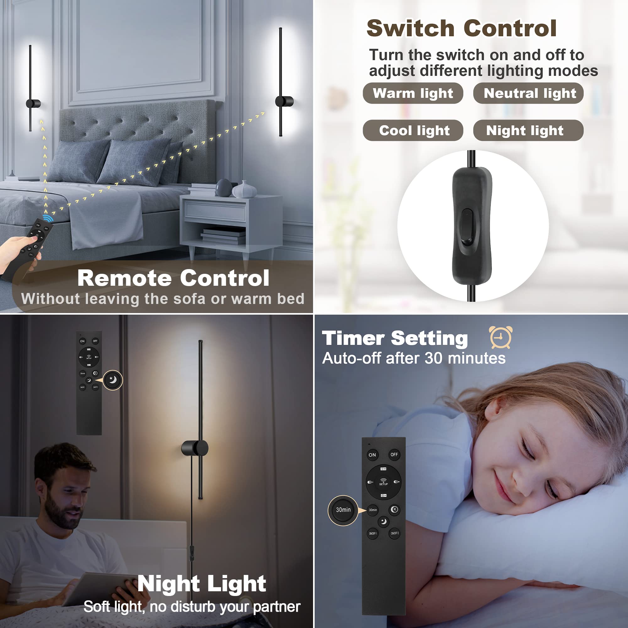 GOODATE Wall Sconces Set of Two, 3000K-6500K Color Temperature, 23.6 Inches, Black, Model CDG-2PACK, Remote Controlled, Dimm