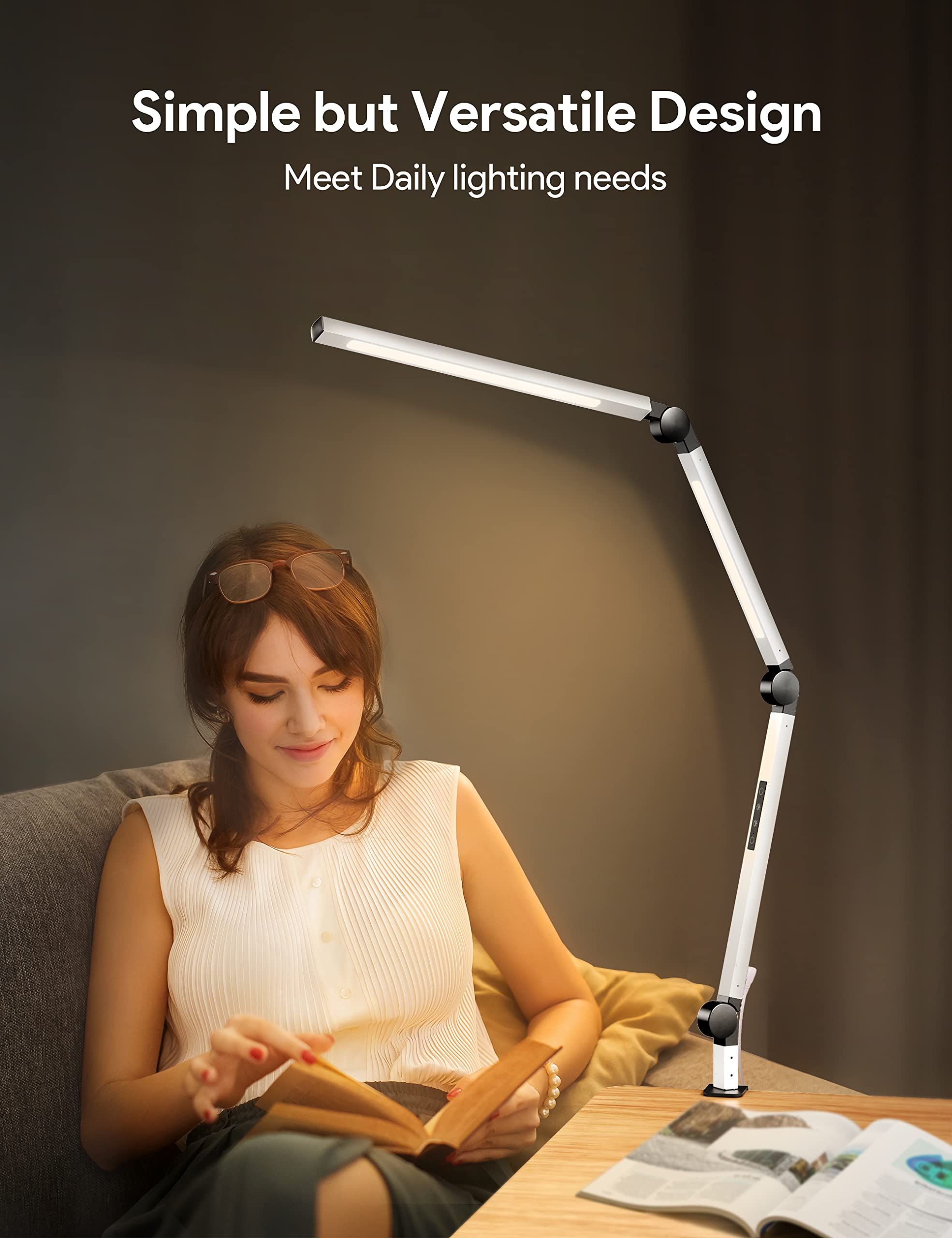 MediAcous LED Desk Lamp with Clamp, Dimmable 4 Color Modes, Eye-Caring, White, Model ME-DL02