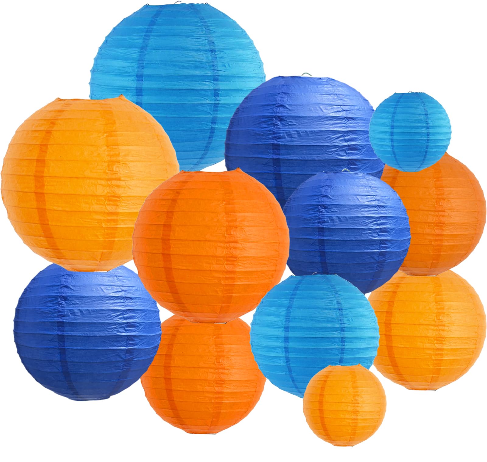 BEISHIDA 12Pcs Paper Lanterns, Blue Orange, Round Hanging Lamps for Birthday, Wedding, Home Decor, 4-12 Inch