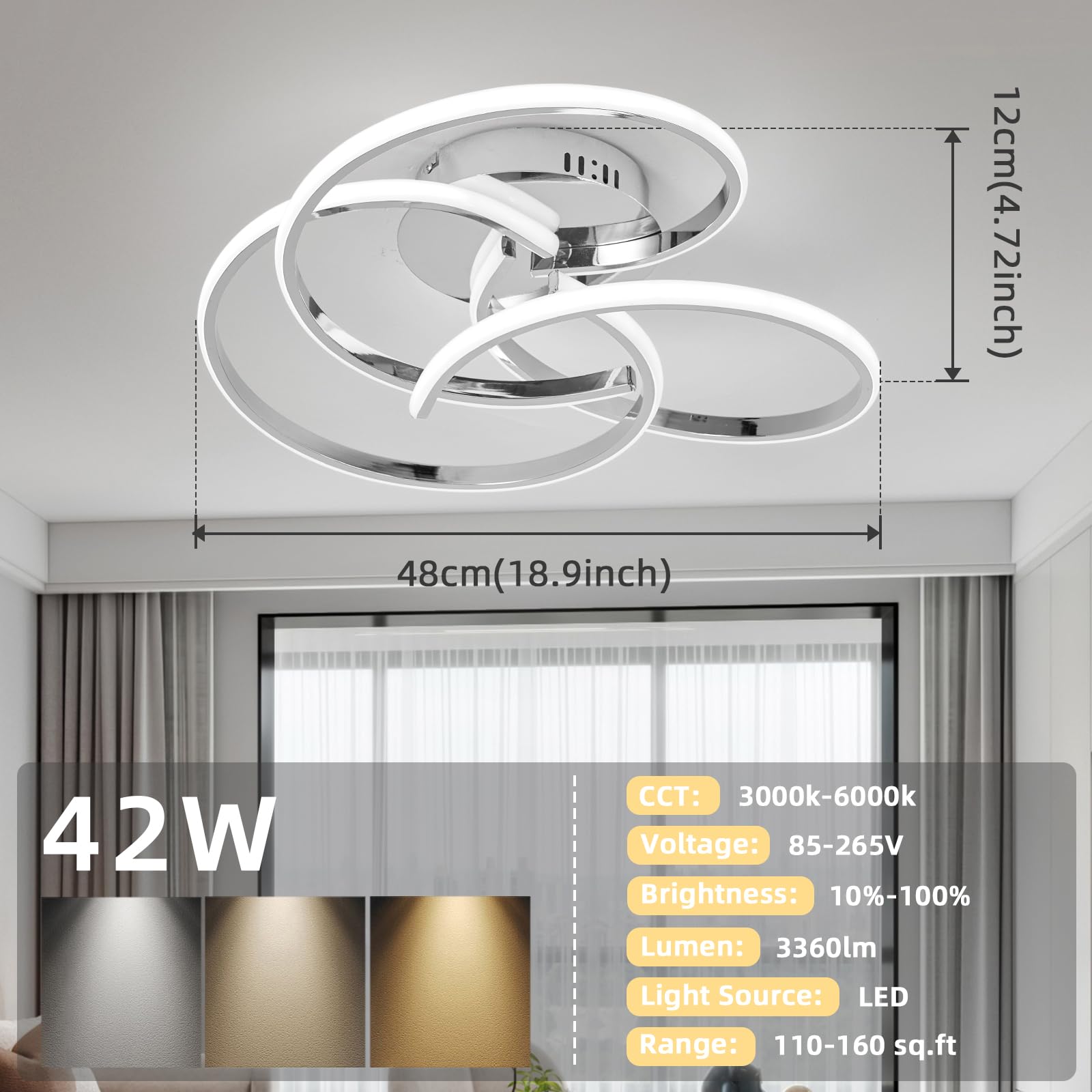 CANEOE Modern LED Ceiling Light Fixture, 42W Dimmable Flush Mount Lamp, Chrome, Model CL-3BH-D-US, Remote Control, for Bedroom, Living Room, Kitchen