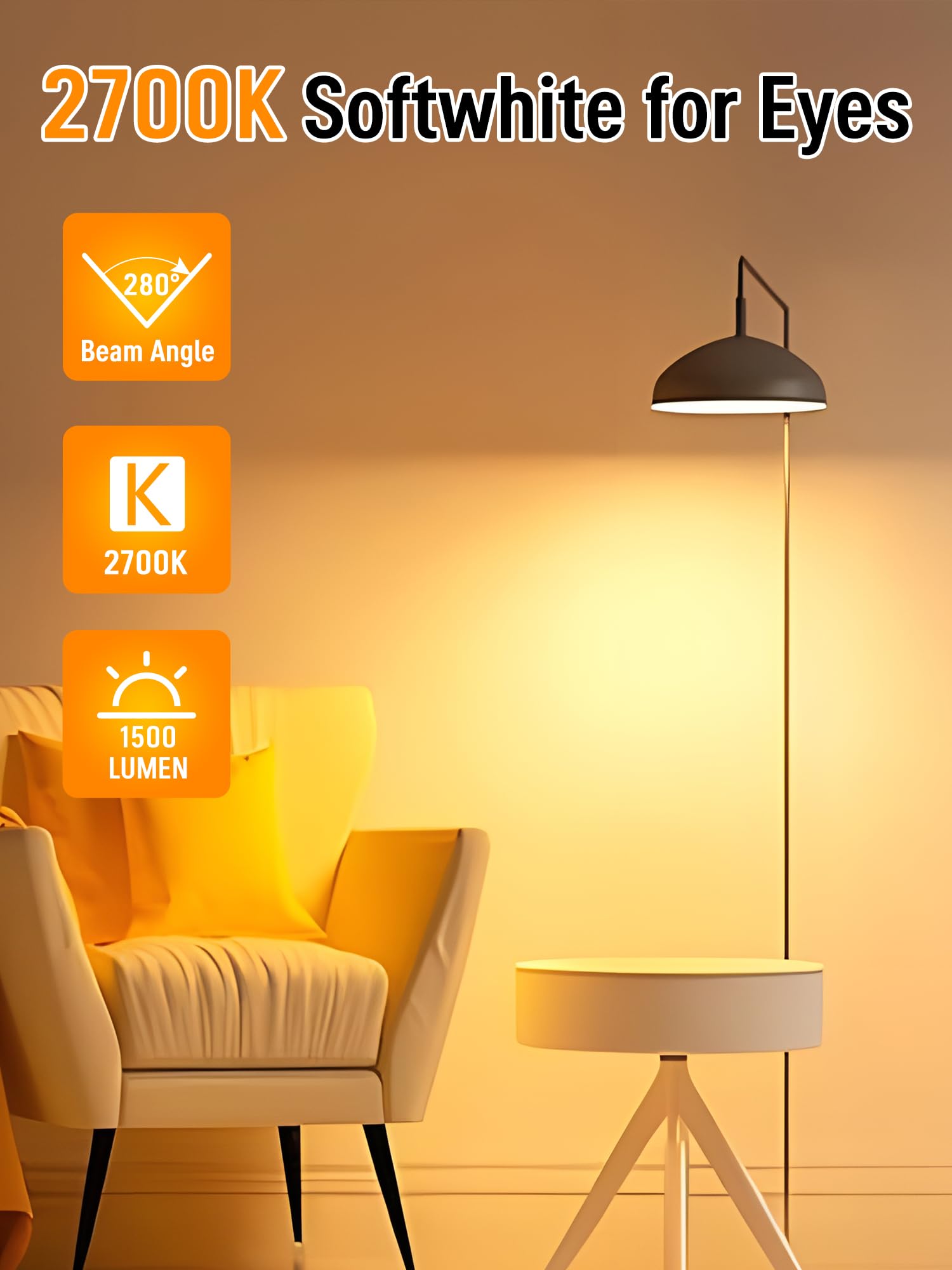 A19 Led Light Bulbs, 100 Watt Equivalent, 15W Soft Warm White 2700K, 1500 Lumens, E26 Standard Base, No Flicker Energy Saving La