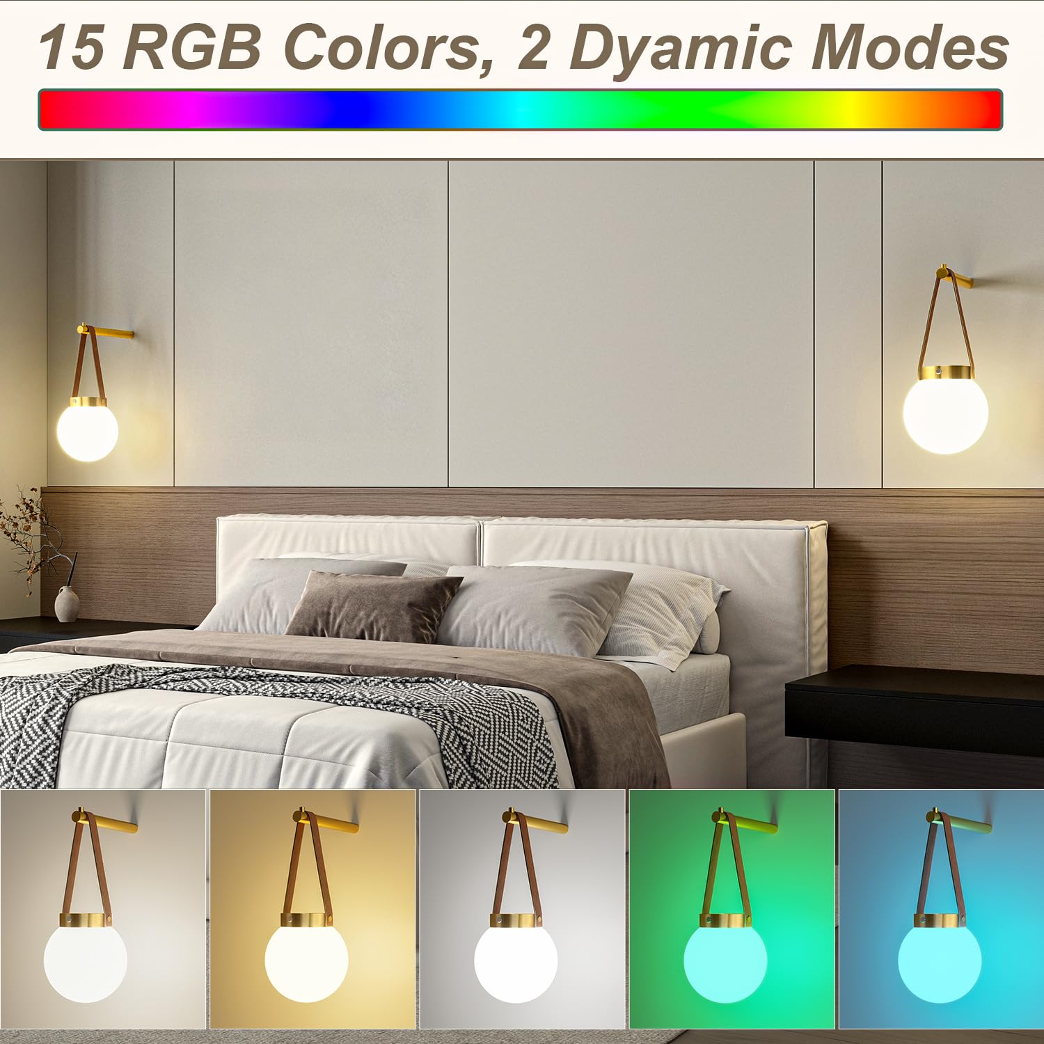 Battery Operated Wall Sconces Set Of 2, Gold Wireless Globe Wall Lights With Remote Control Warm/Natural/Daylight/Rgb 15 Colors